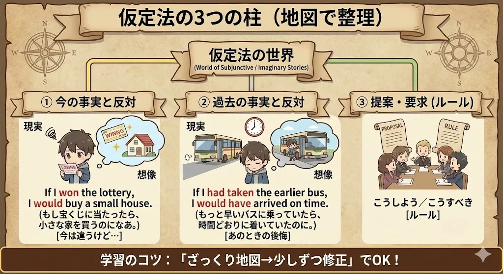 仮定法の3つの柱（今の反対／過去の後悔／提案・要求）のイメージ図