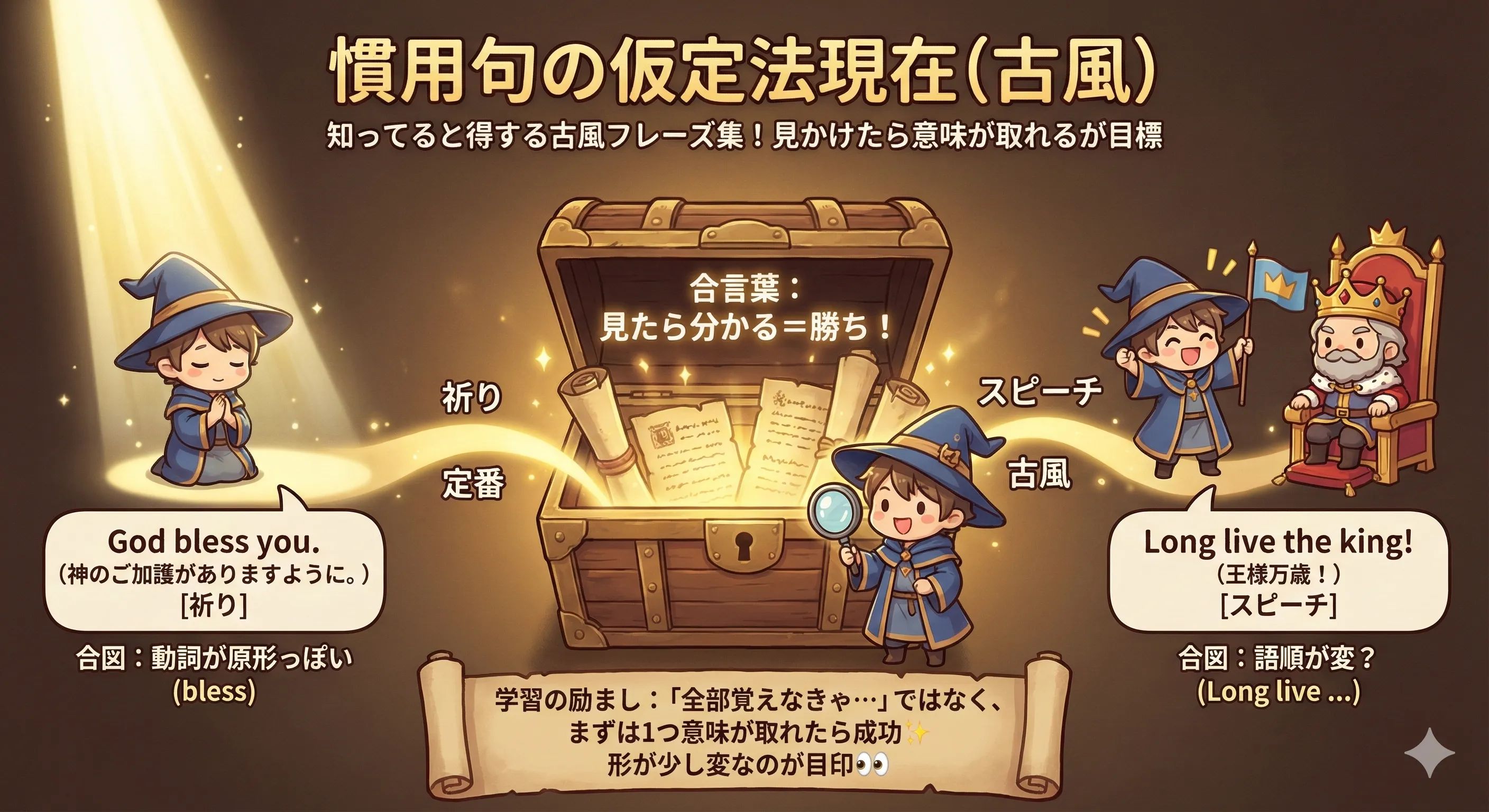 慣用句の仮定法現在：原形っぽい動詞や be の形が合図になるイメージ図