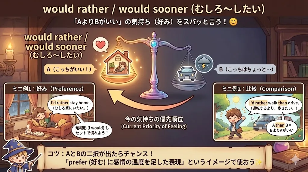 would rather / would sooner の全体像：好み（選ぶ気持ち）を表すイメージ図
