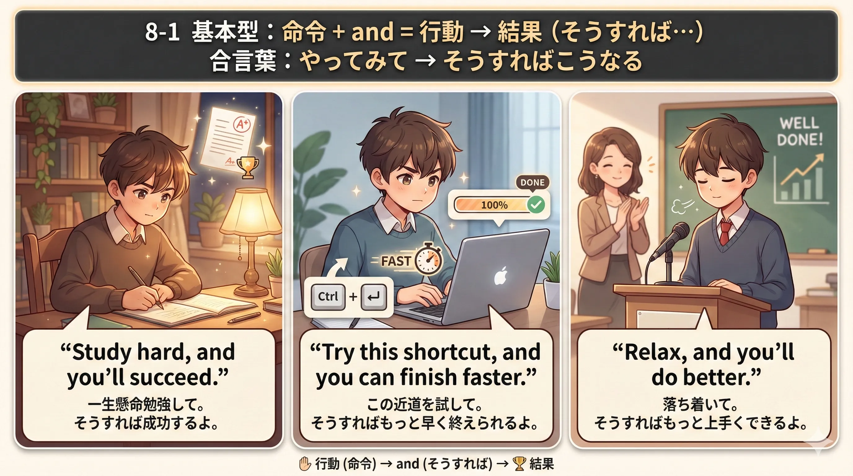 命令法 + and のイメージ図：行動（命令文）→ 結果（そうすれば）につながる流れ