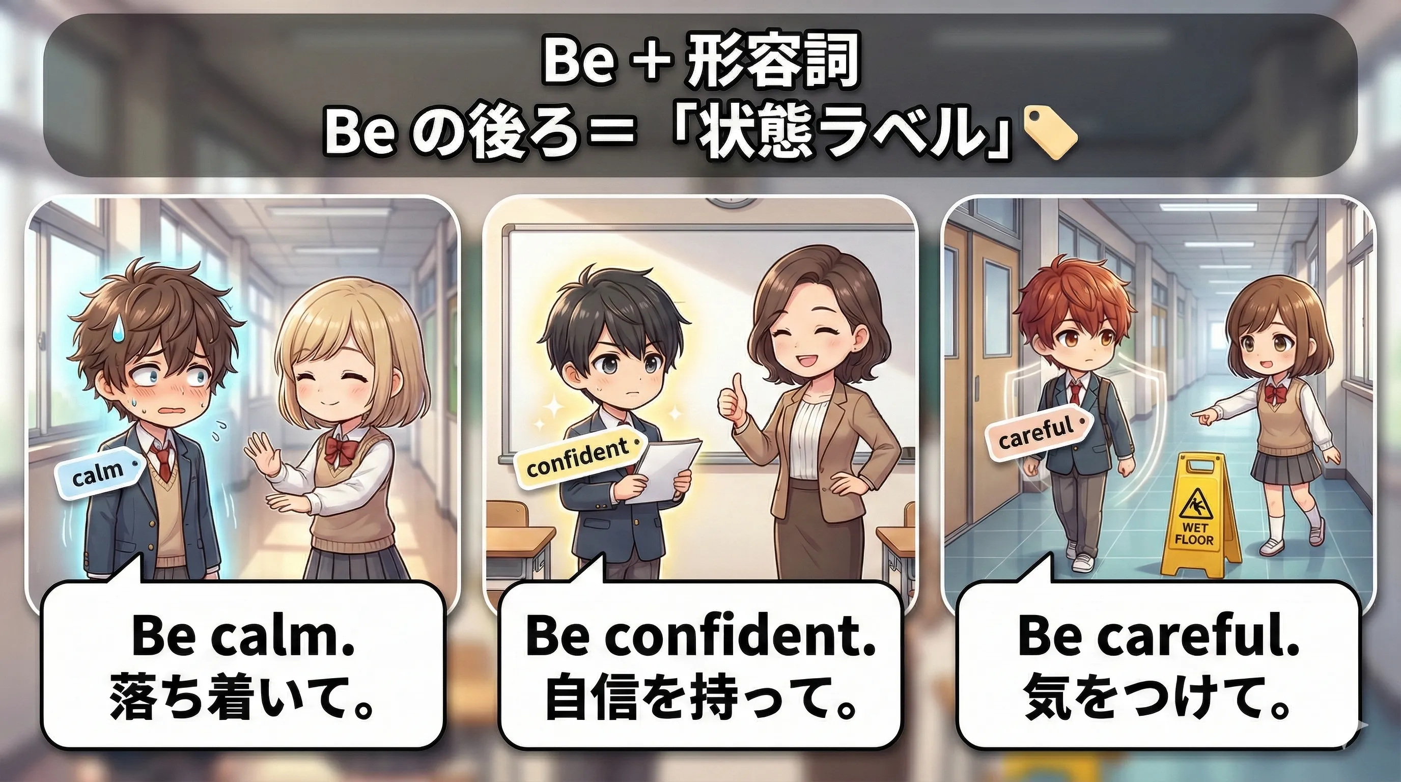 Be + 形容詞のイメージ図：相手に状態ラベル（calm / happy / careful など）をセットする