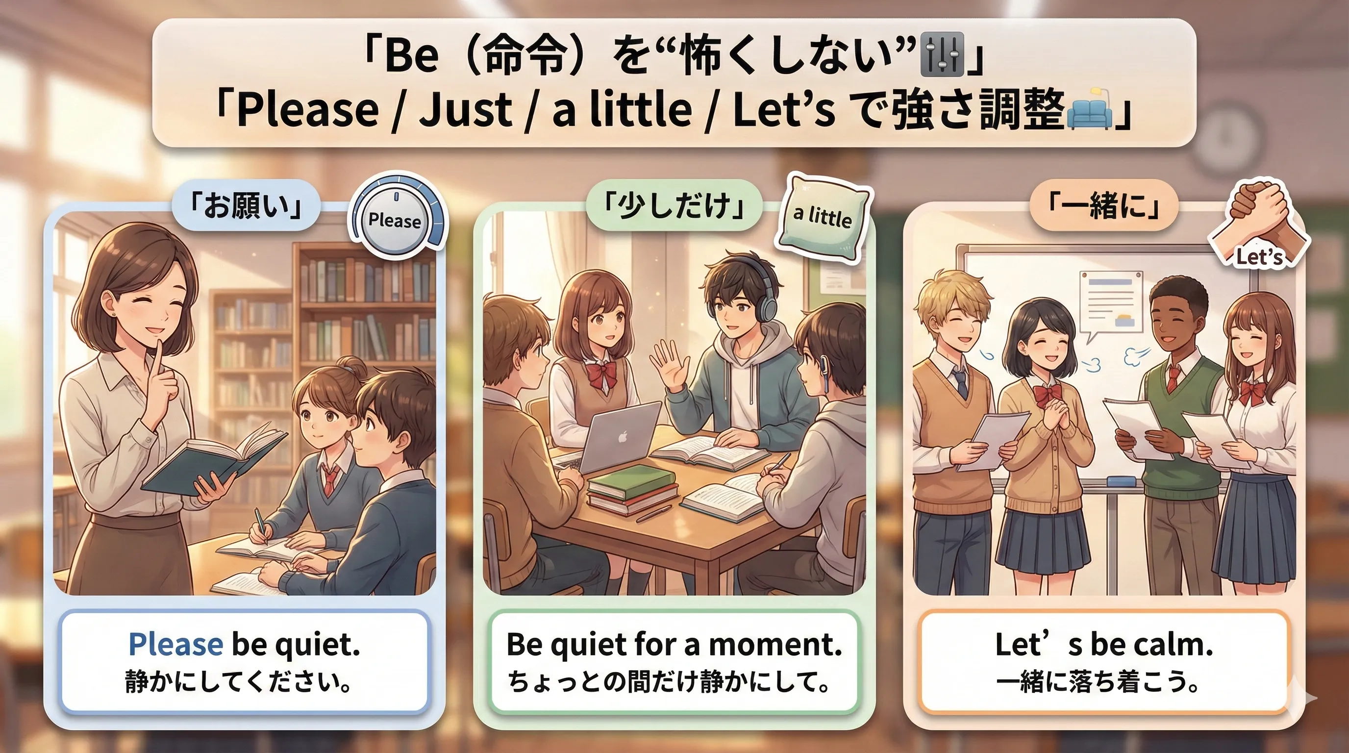 Be の命令は Please / Just / a little / Let's などのクッションで強さを調整できるイメージ図