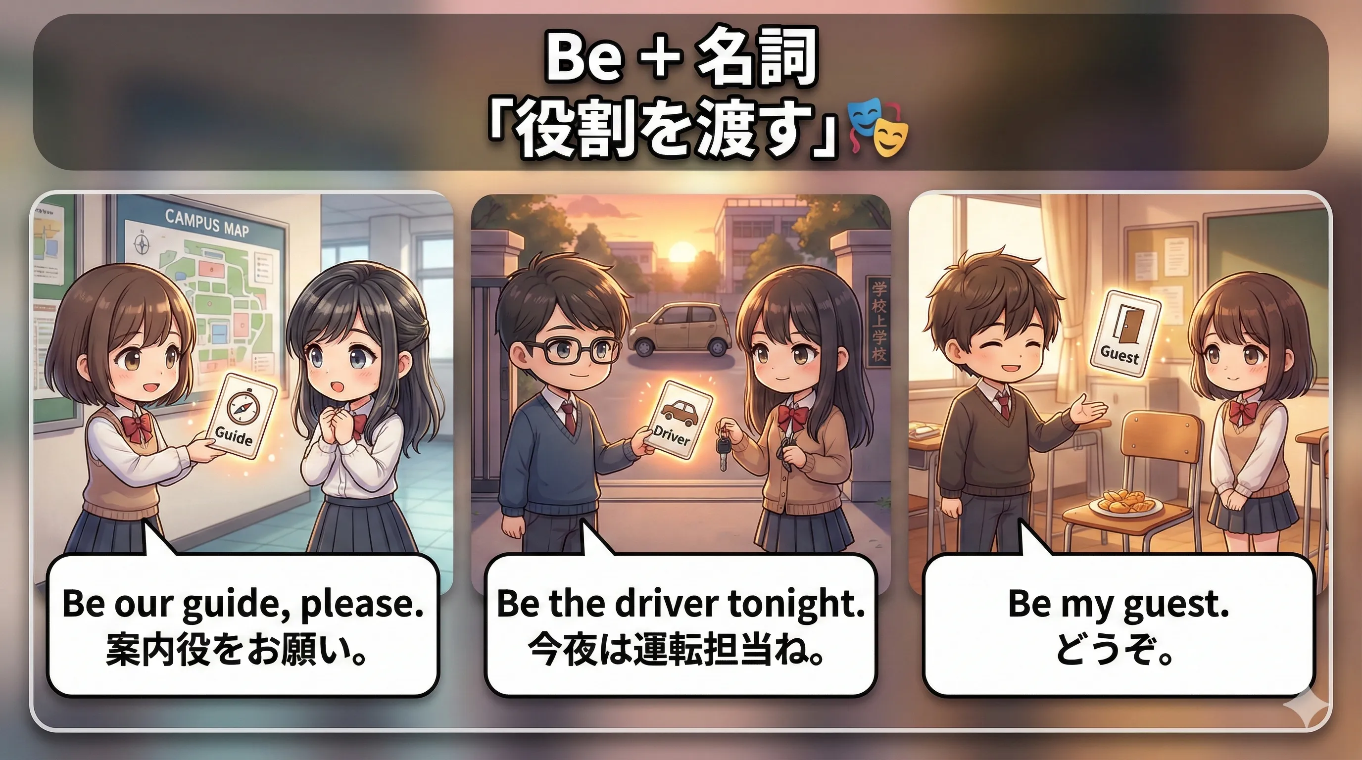 Be + (a/an) + 名詞で、相手に『役割（ロール）』を渡すイメージ図