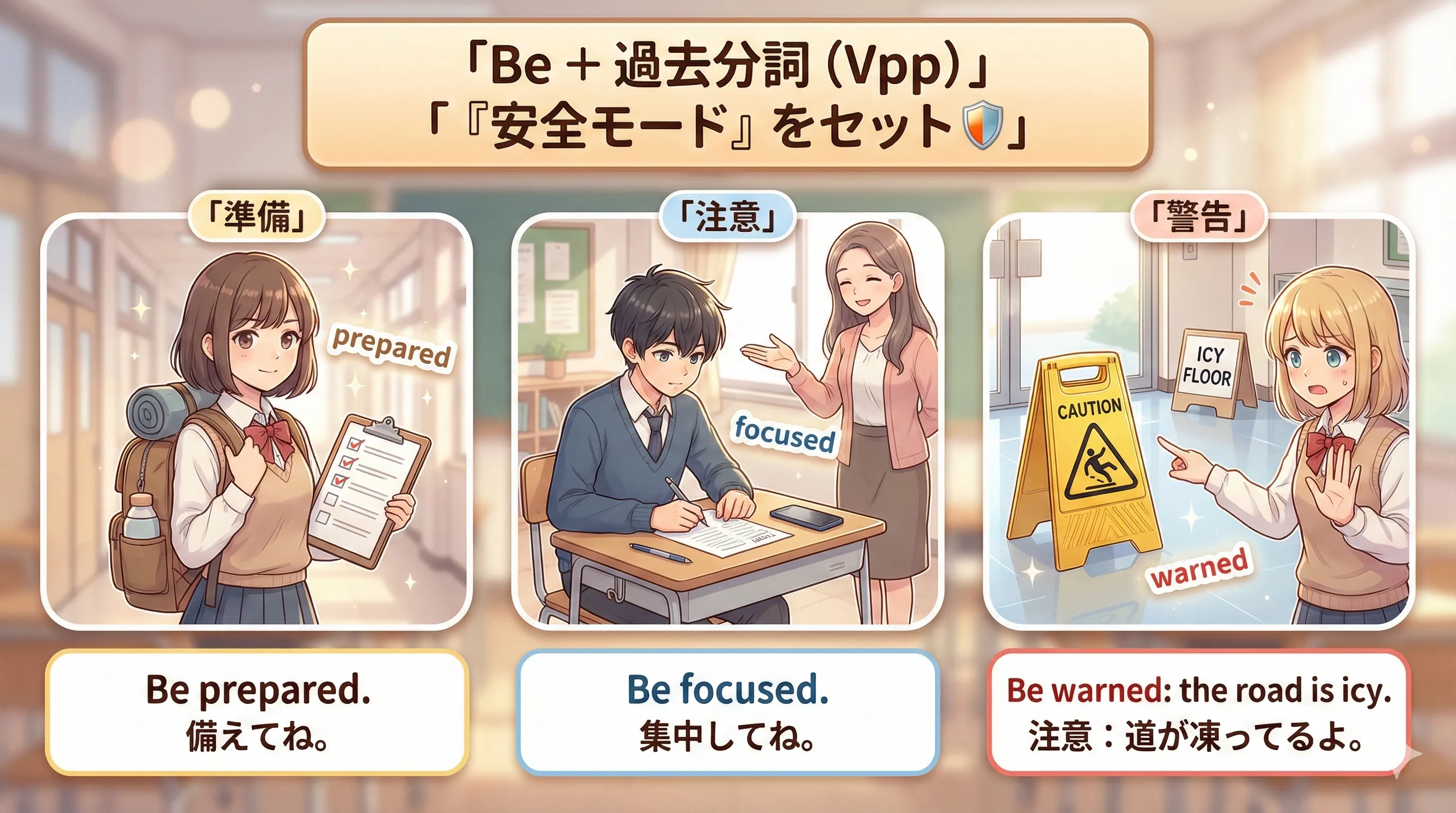 Be + 過去分詞：prepared / focused / warned などで準備・注意・警告の状態をセットするイメージ図