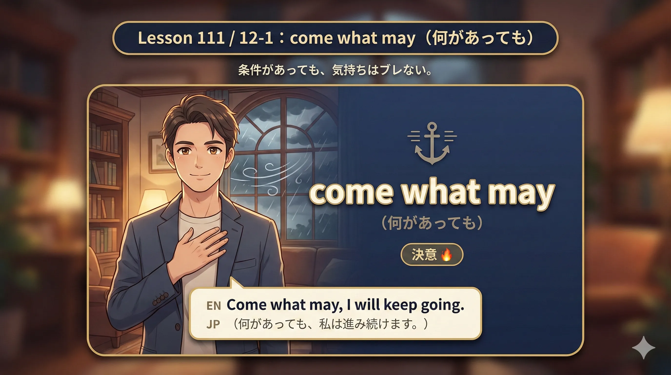 come what may（何があっても）の決意イメージ図：条件があっても気持ちがブレないことを示す図
