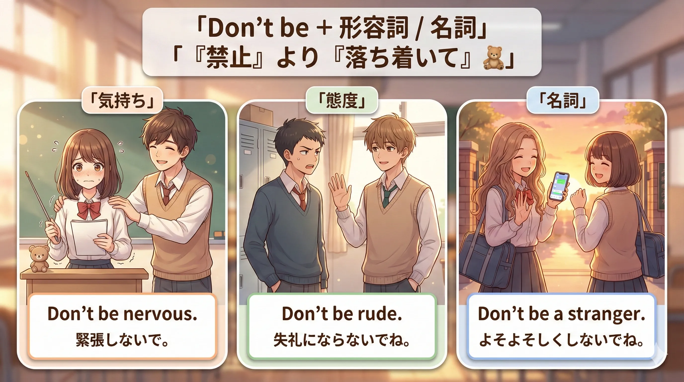 Don’t be は禁止ではなく、相手を落ち着かせる優しいスイッチとして使うイメージ図