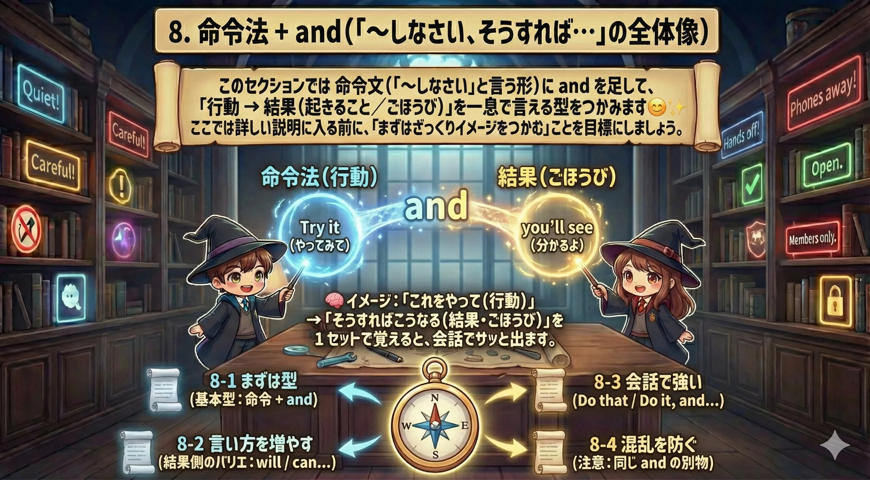 命令法 + and のイメージ図（行動 → 結果「そうすれば…」）