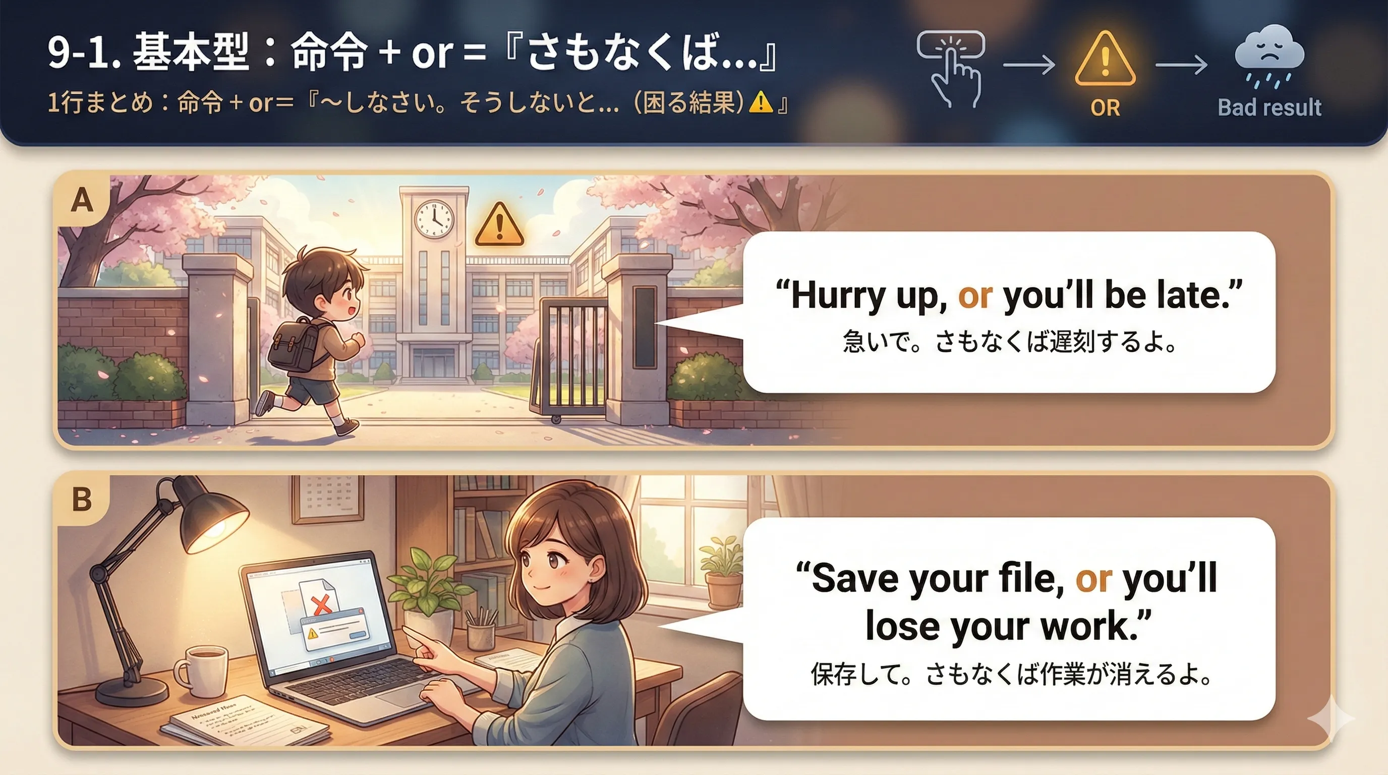 命令 + or（さもなくば…）の基本イメージ図：命令→（しない）→困る結果