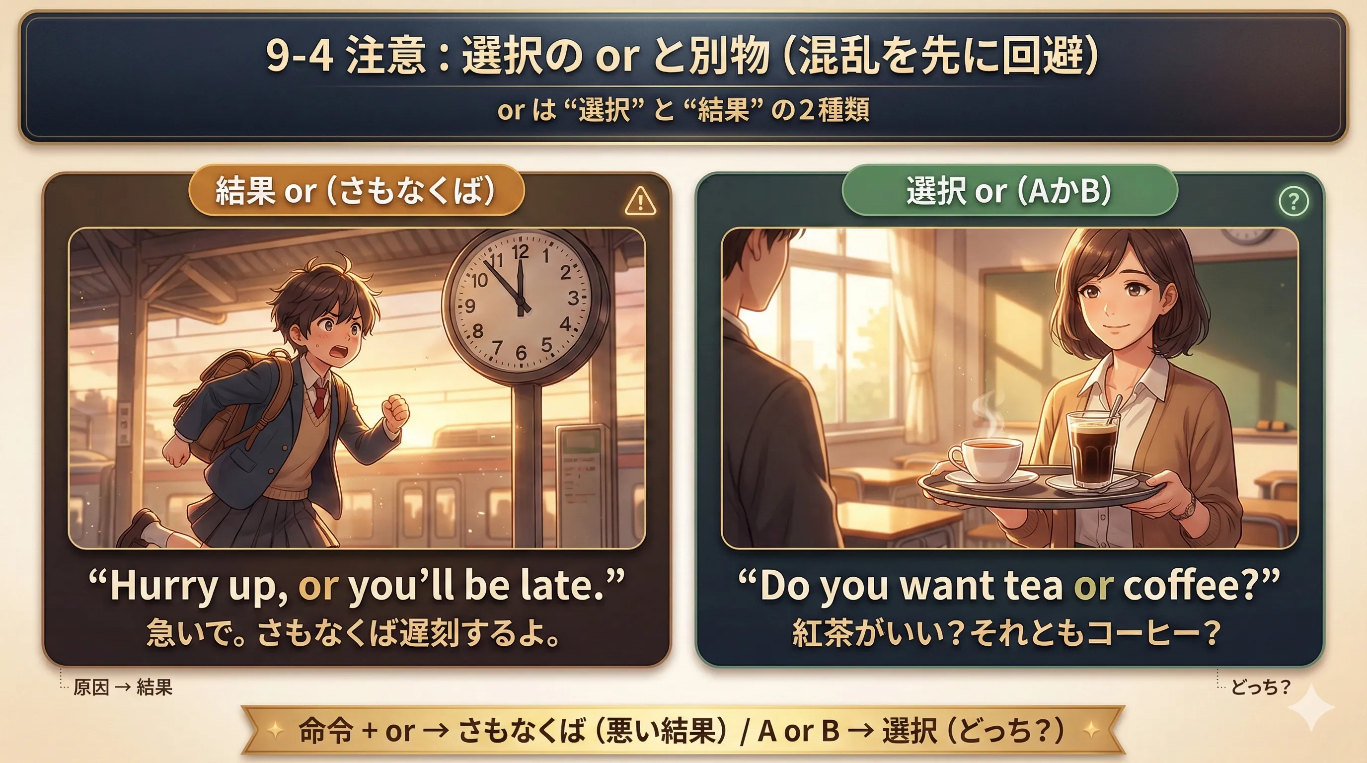 orの2種類（結果or＝さもなくば／選択or＝AかB）を対比して整理した図