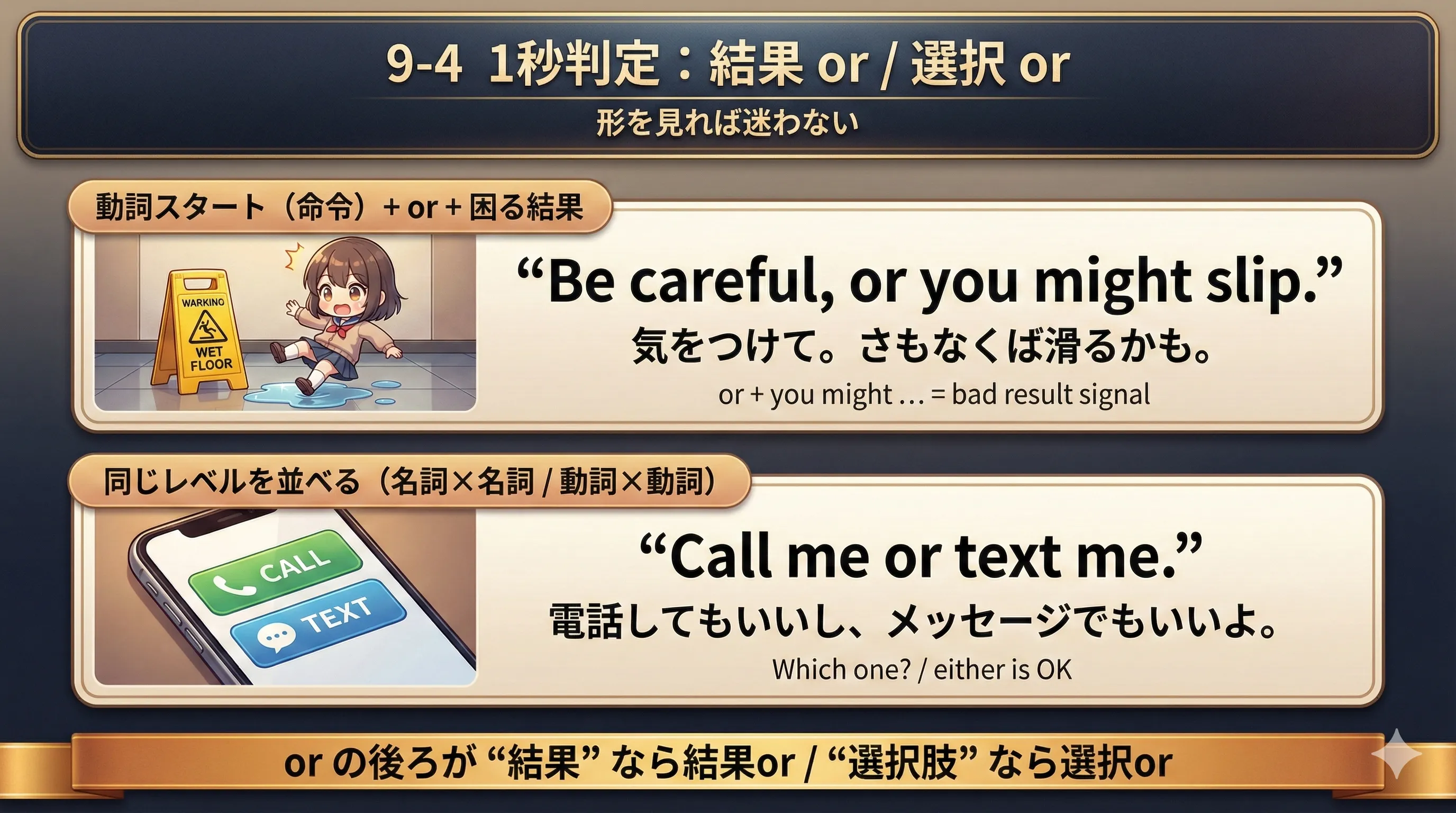 結果orと選択orを1秒で判定するための形（動詞スタート/困る結果 vs 同じレベル）を示す図
