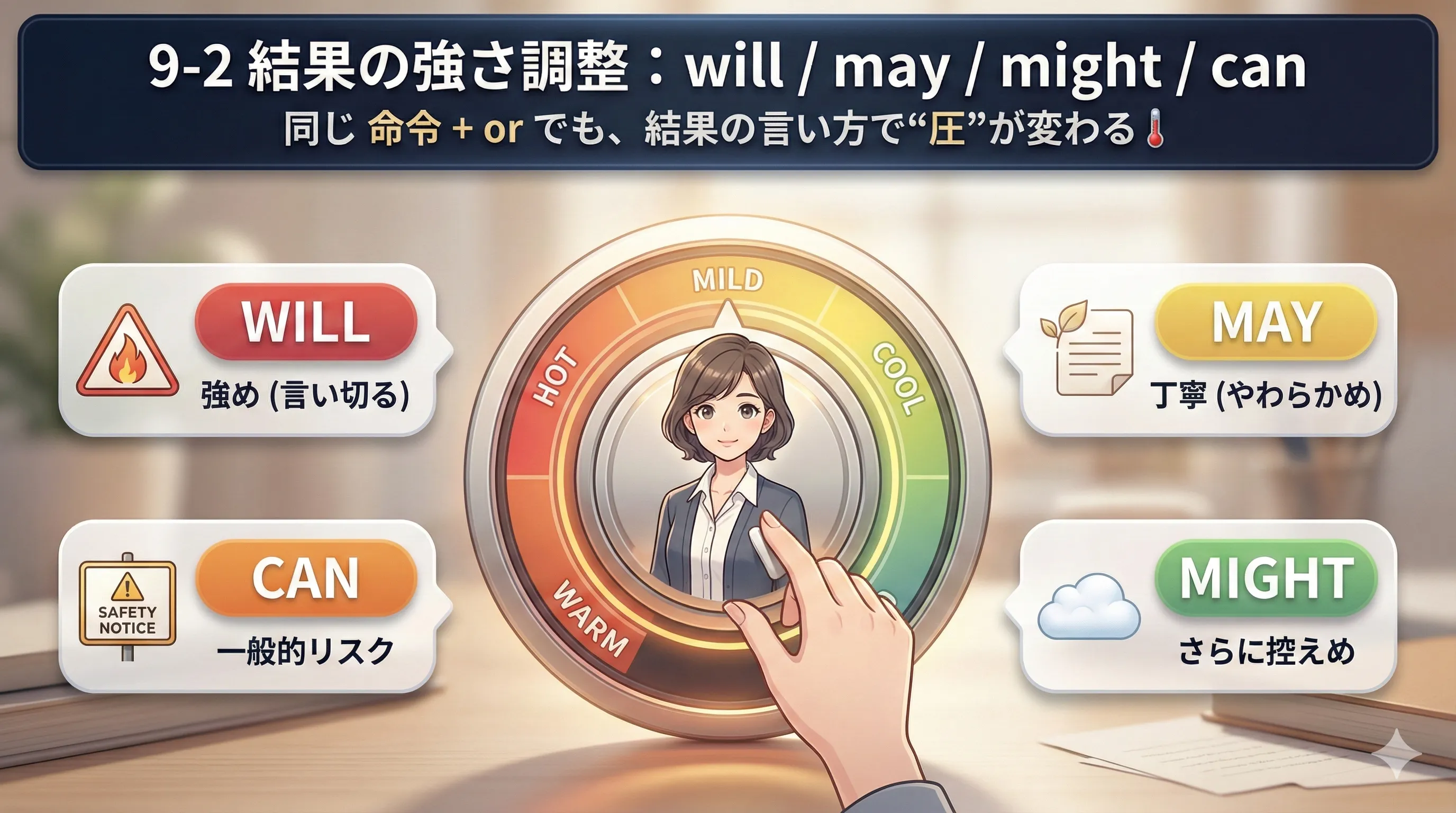 命令 + or の結果の強さ調整（will / can / may / might）を温度計（ダイヤル）で示す図（全体像）