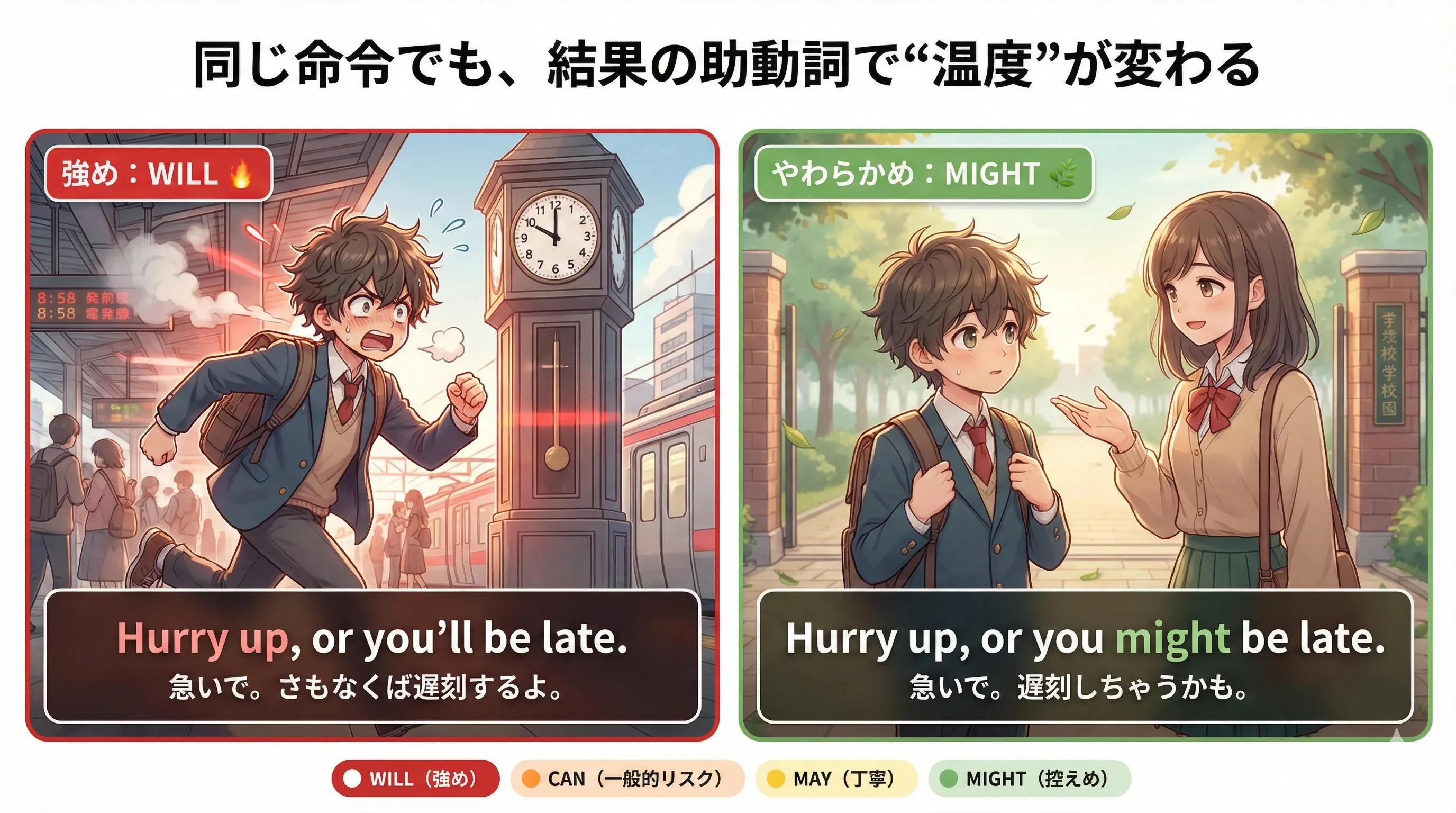 同じ命令 + or でも、助動詞（will / can / may / might）で強さが変わる例（比較）