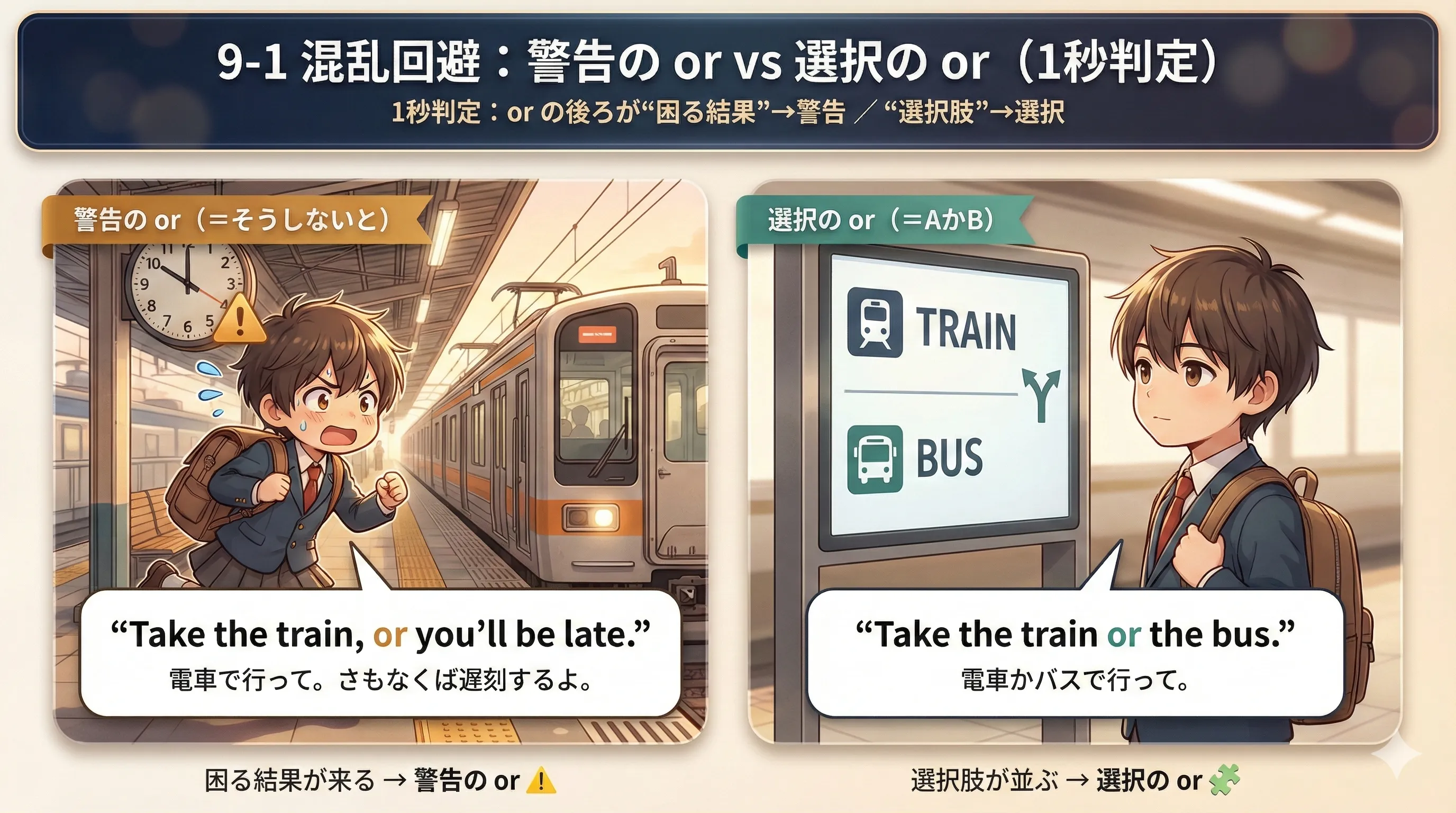 混乱回避：警告の or（そうしないと）と、選択の or（AかB）の違いを1秒で整理する比較図