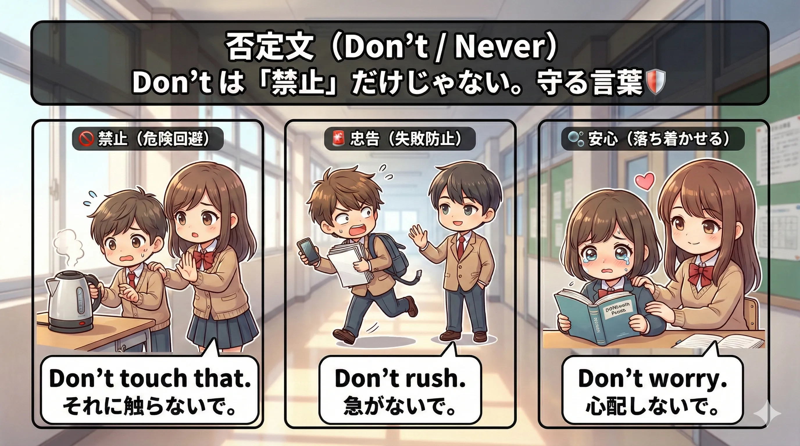 否定命令の役割：禁止（危険回避）・忠告（失敗防止）・安心させる（Don't worry）を示す図