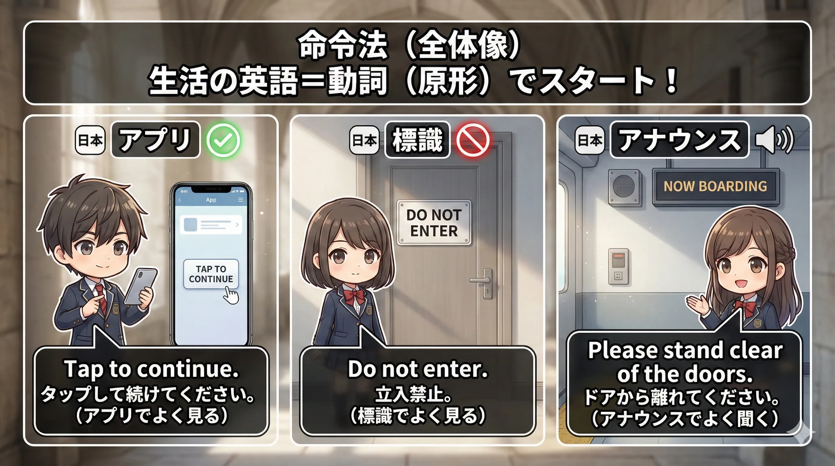 命令法の全体像：動詞の原形で始めて、命令・依頼・注意・勧誘などを表す図