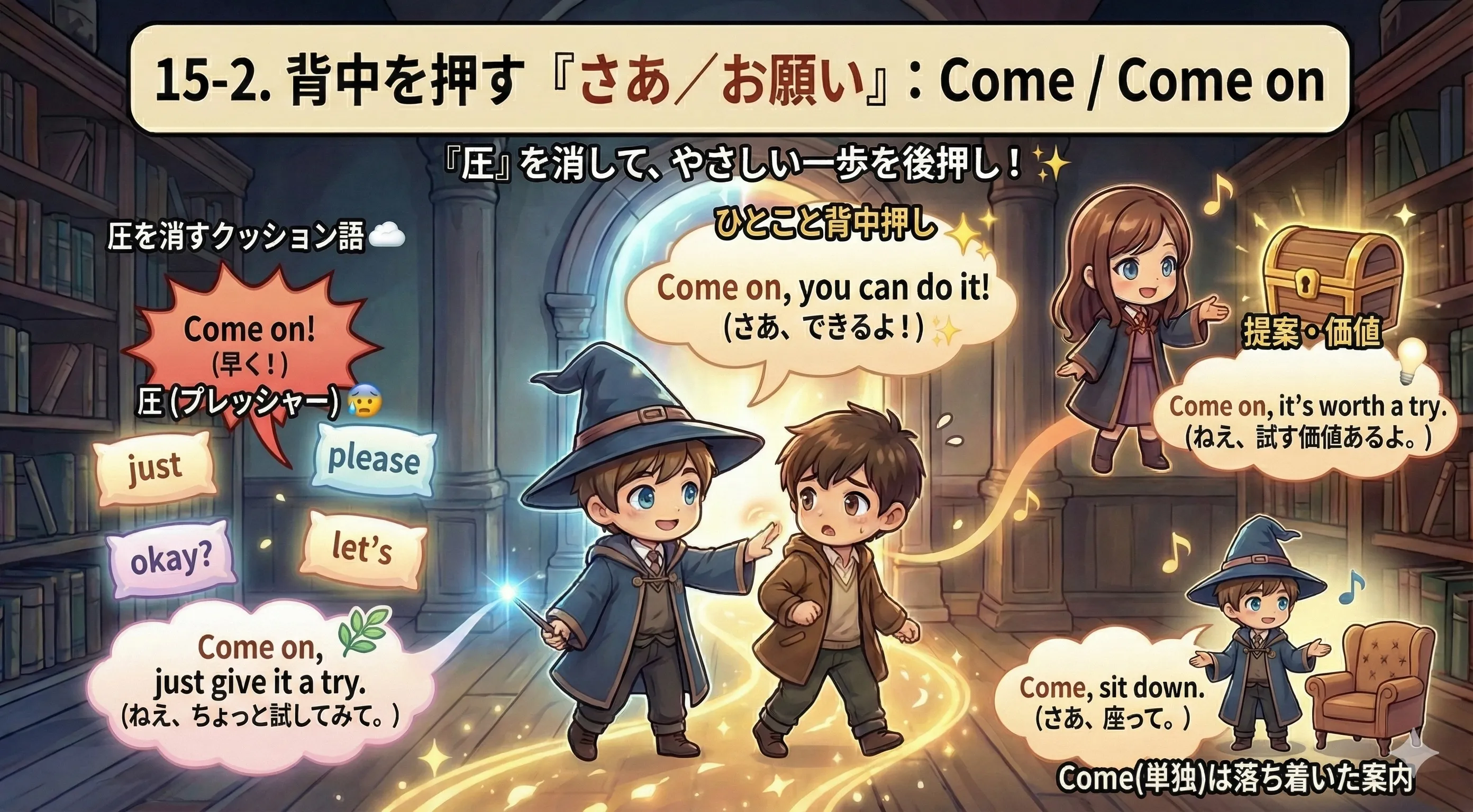 Come on は命令ではなく、相手の背中を押す『ひとこと合図』というイメージ図