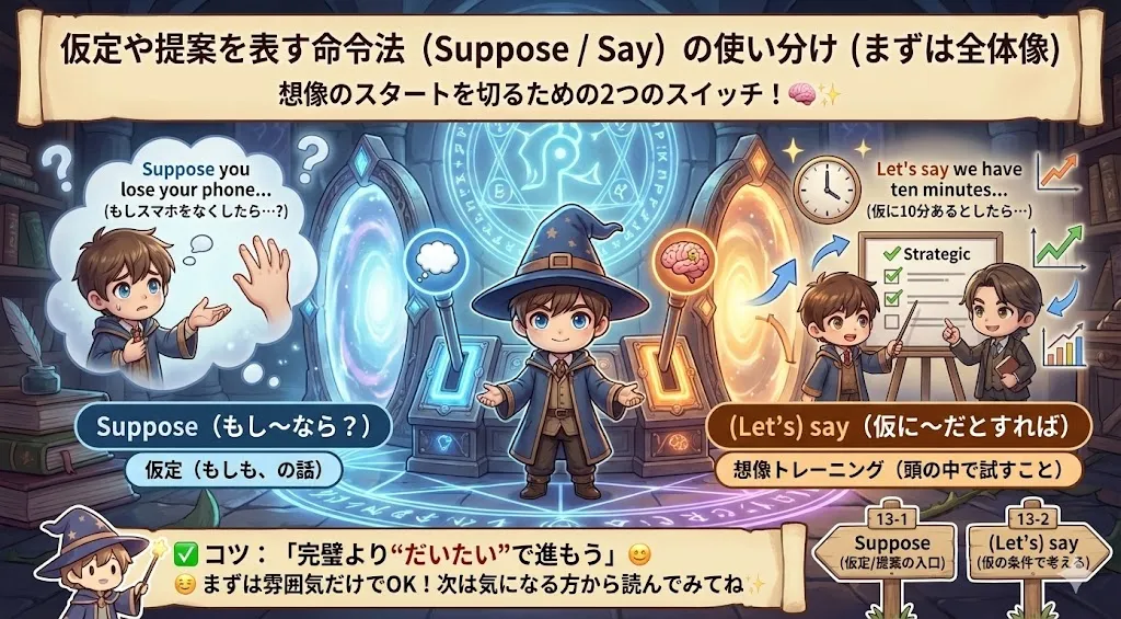 Suppose と (Let's) say の使い分けイメージ図：仮定と仮の条件で考える流れ