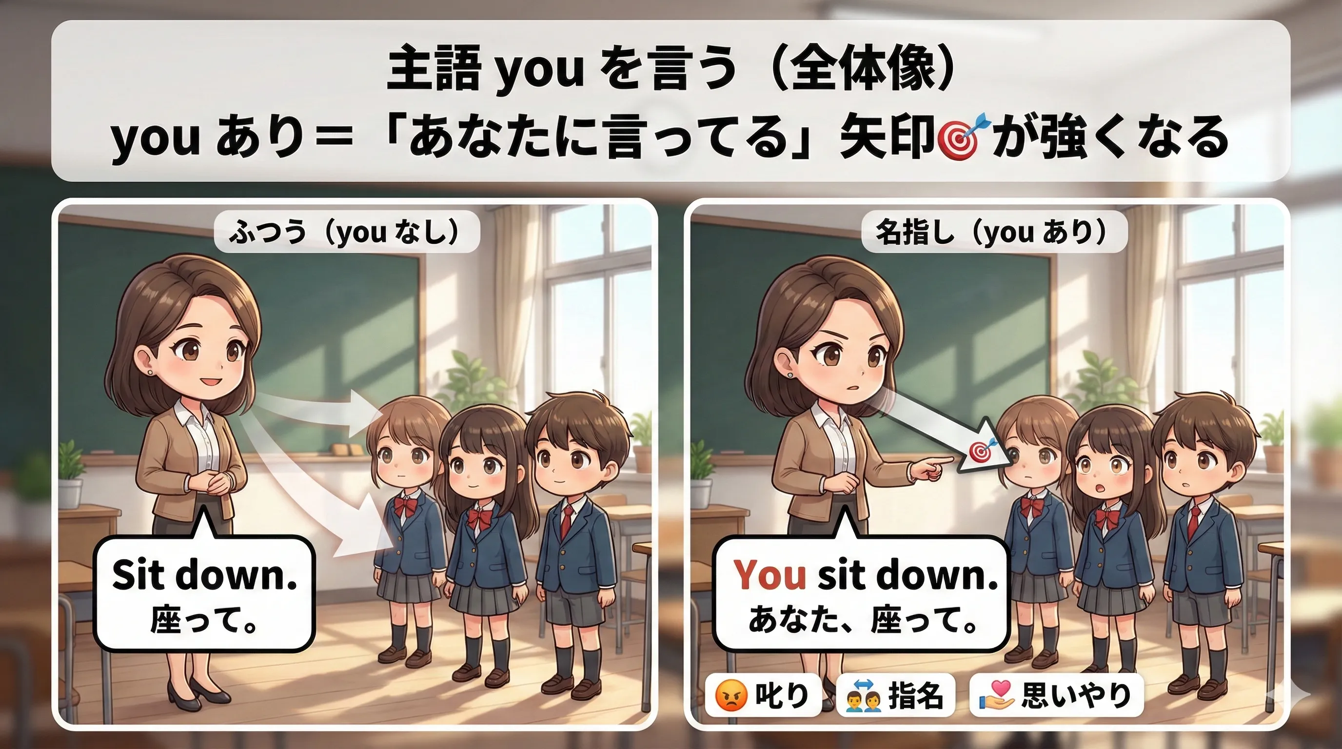 you を言うと命令の矢印が特定の相手に向くイメージ図