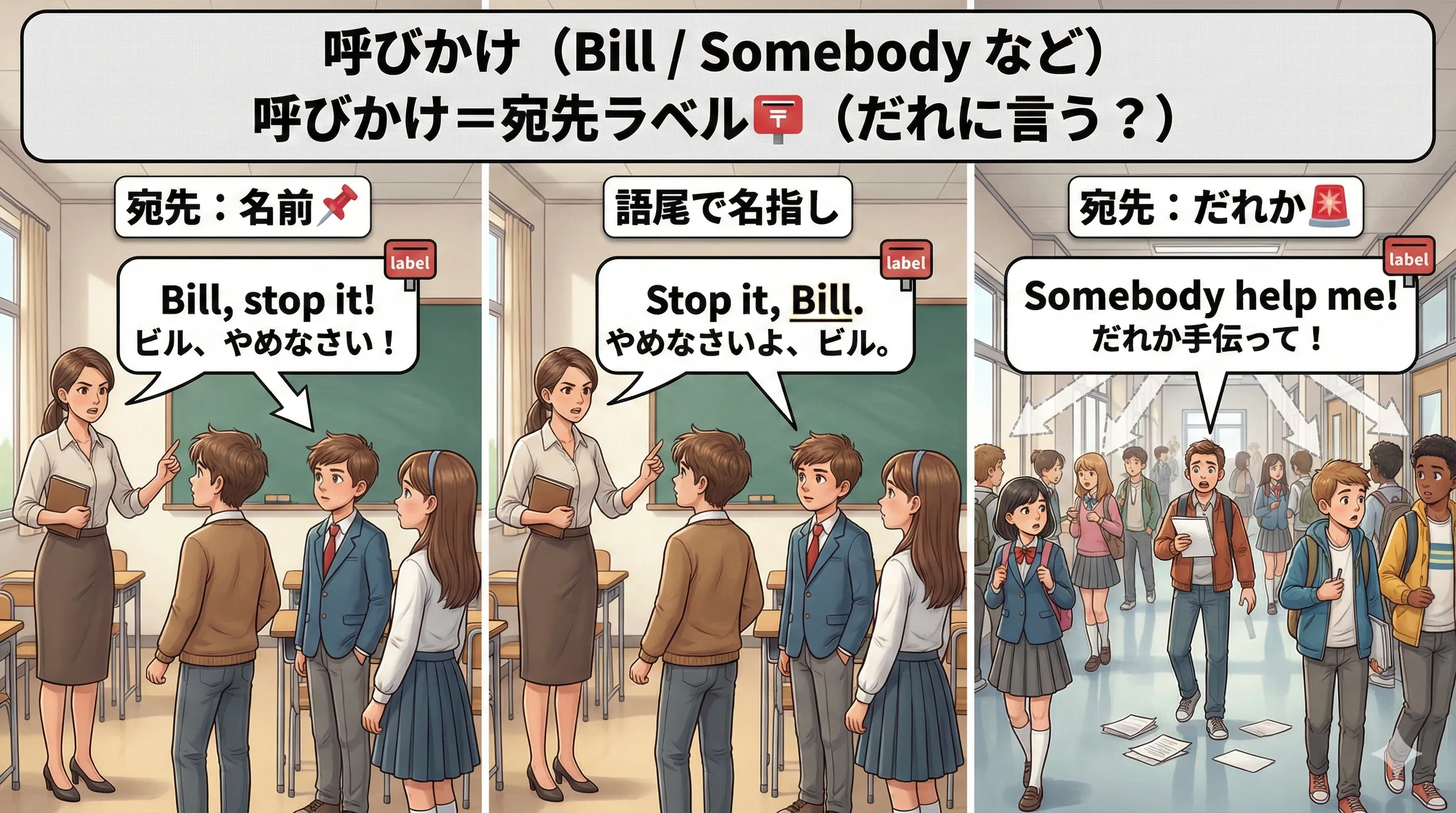 命令法の呼びかけは宛先ラベル（Bill / Everyone / Somebody）になるイメージ図