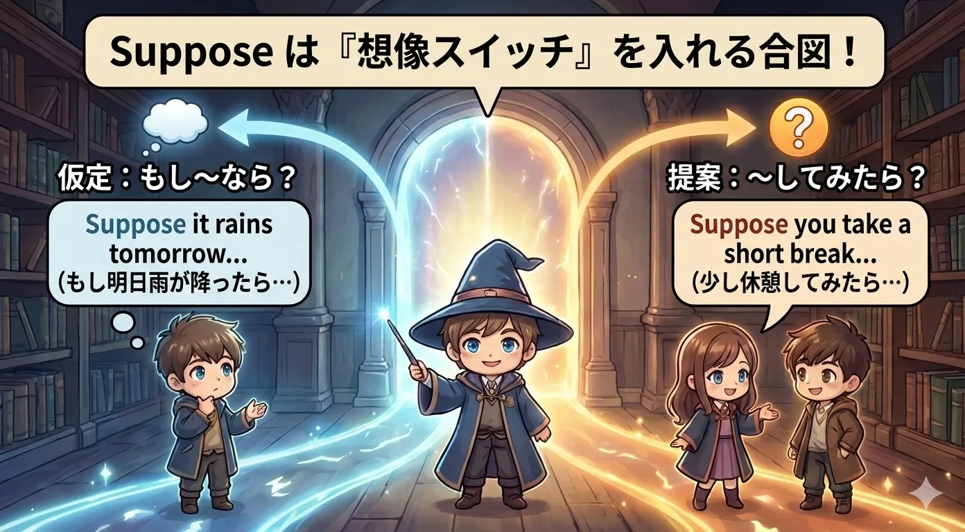 suppose のイメージ図：仮定（もし〜なら？）と提案（〜してはどう？）の2つの入口