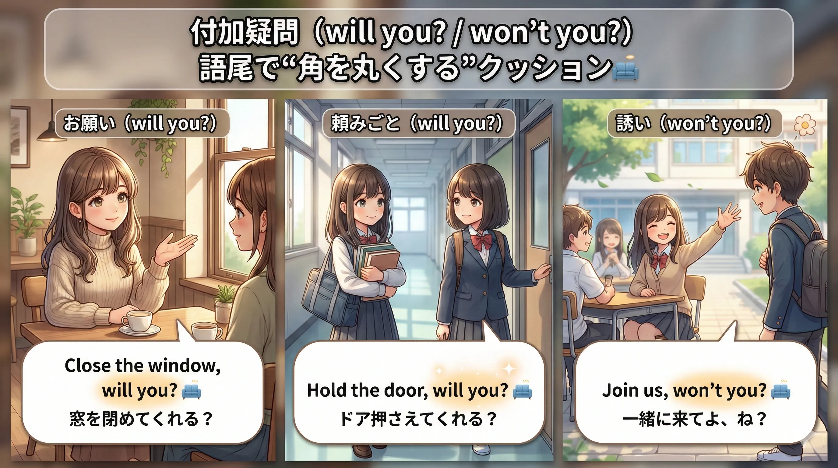 付加疑問 will you? が命令の角を丸くするイメージ図