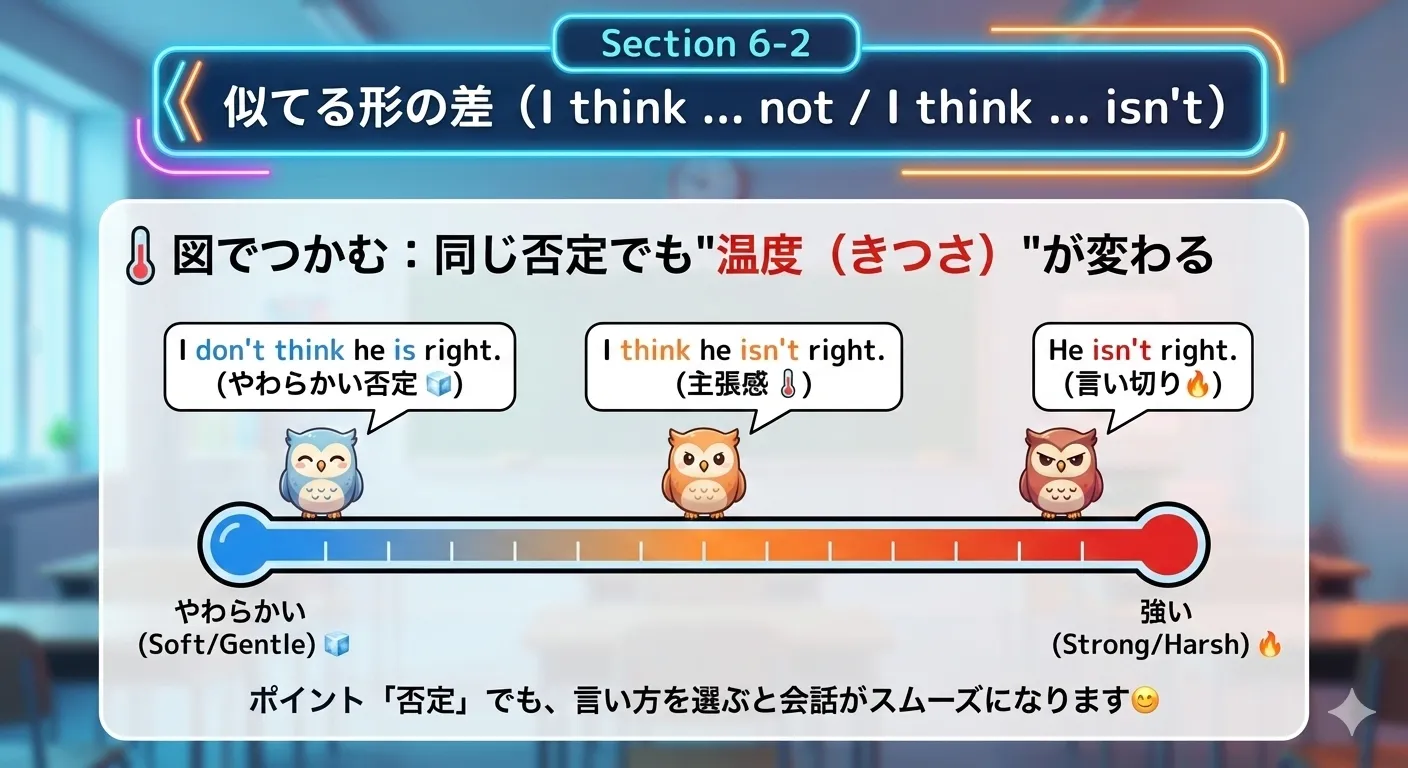 否定の言い方の温度差：言い切り→I think + 否定→I don't think + 肯定の順にやわらかくなるイメージ図