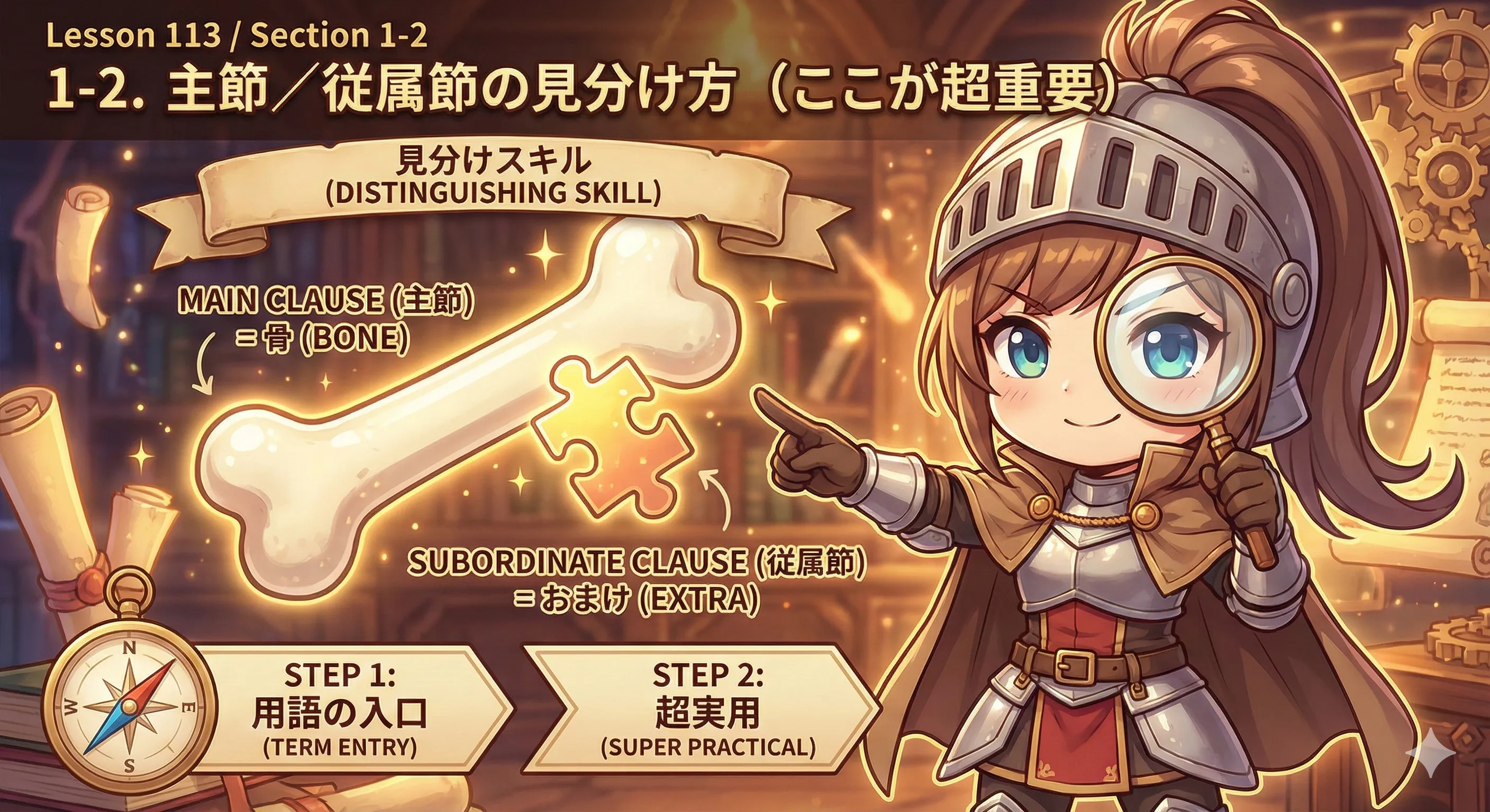 主節と従属節の見分け方：主節が骨（主語＋動詞）、従属節が説明のかたまり（that節など）