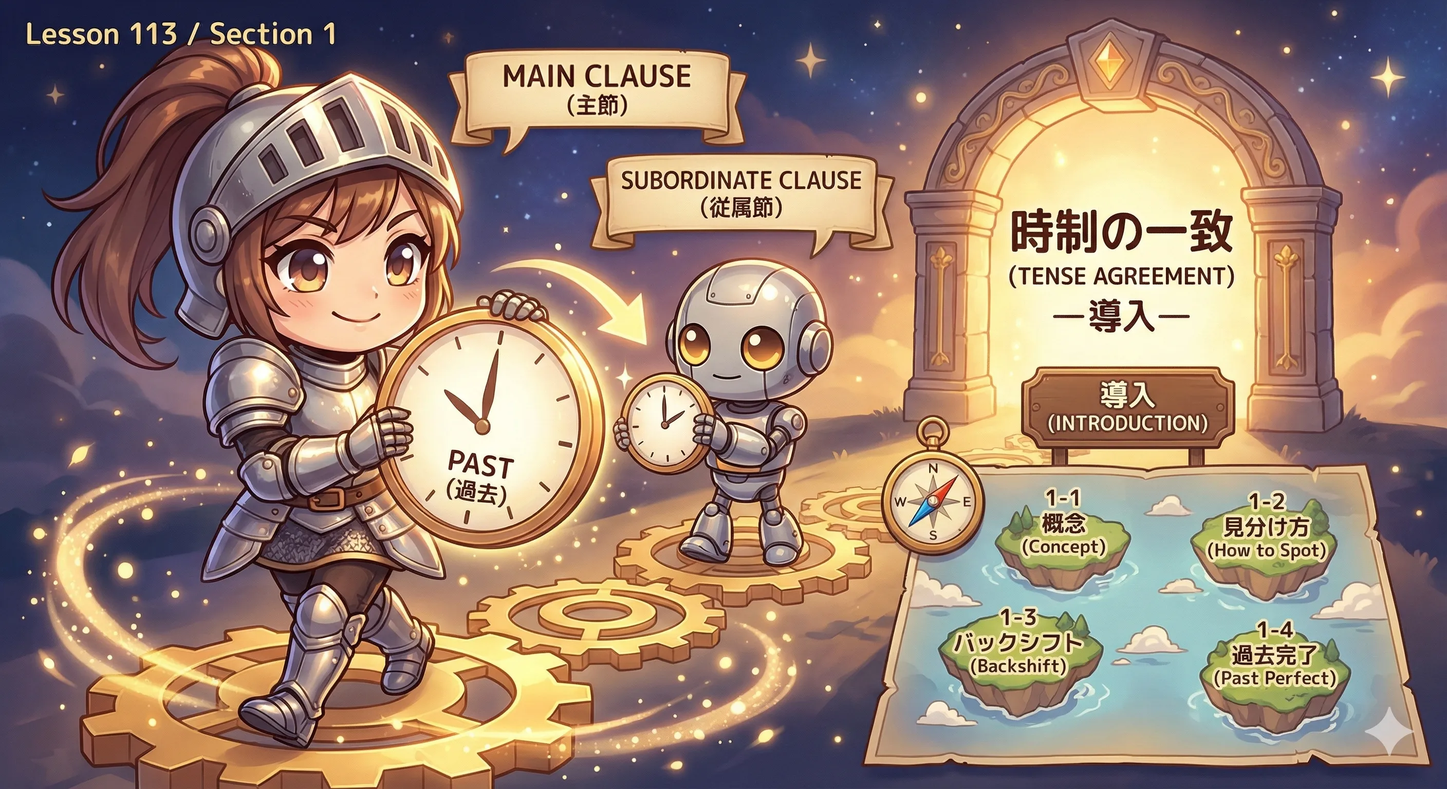 時制の一致の全体像：主節が過去なら従属節も過去側にそろえるイメージ図