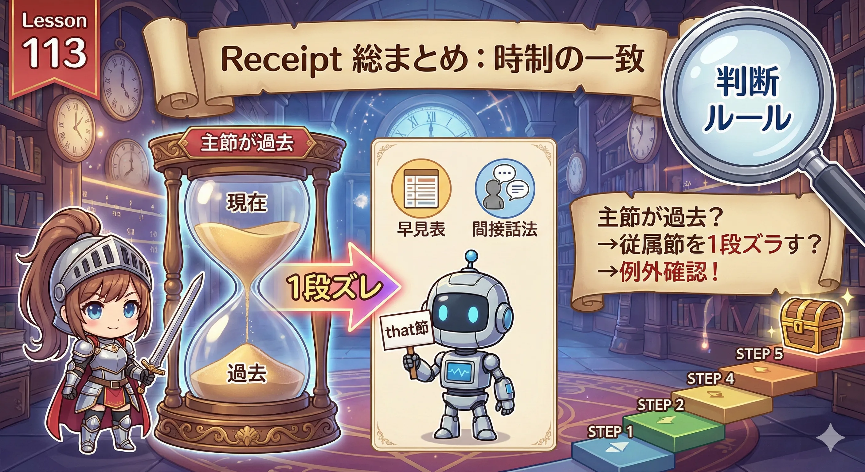 時制の一致のイメージ図：主節が過去のとき従属節が1段ズレやすいことを示す