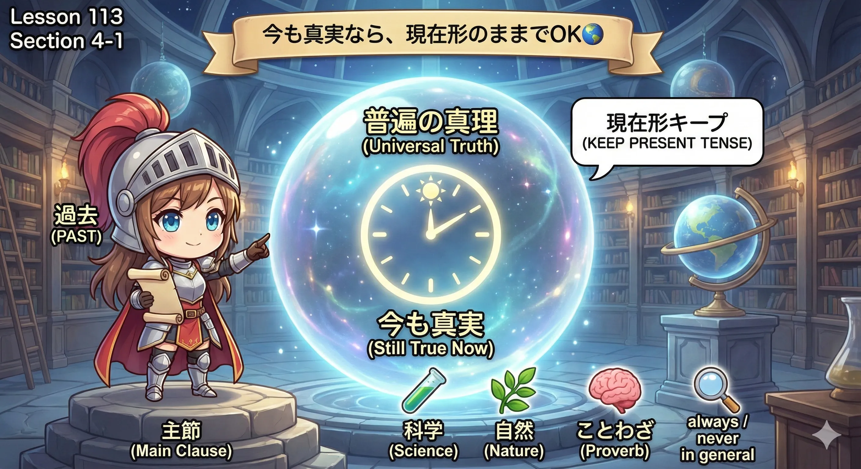 普遍の真理は主節が過去でも現在形が残るイメージ図