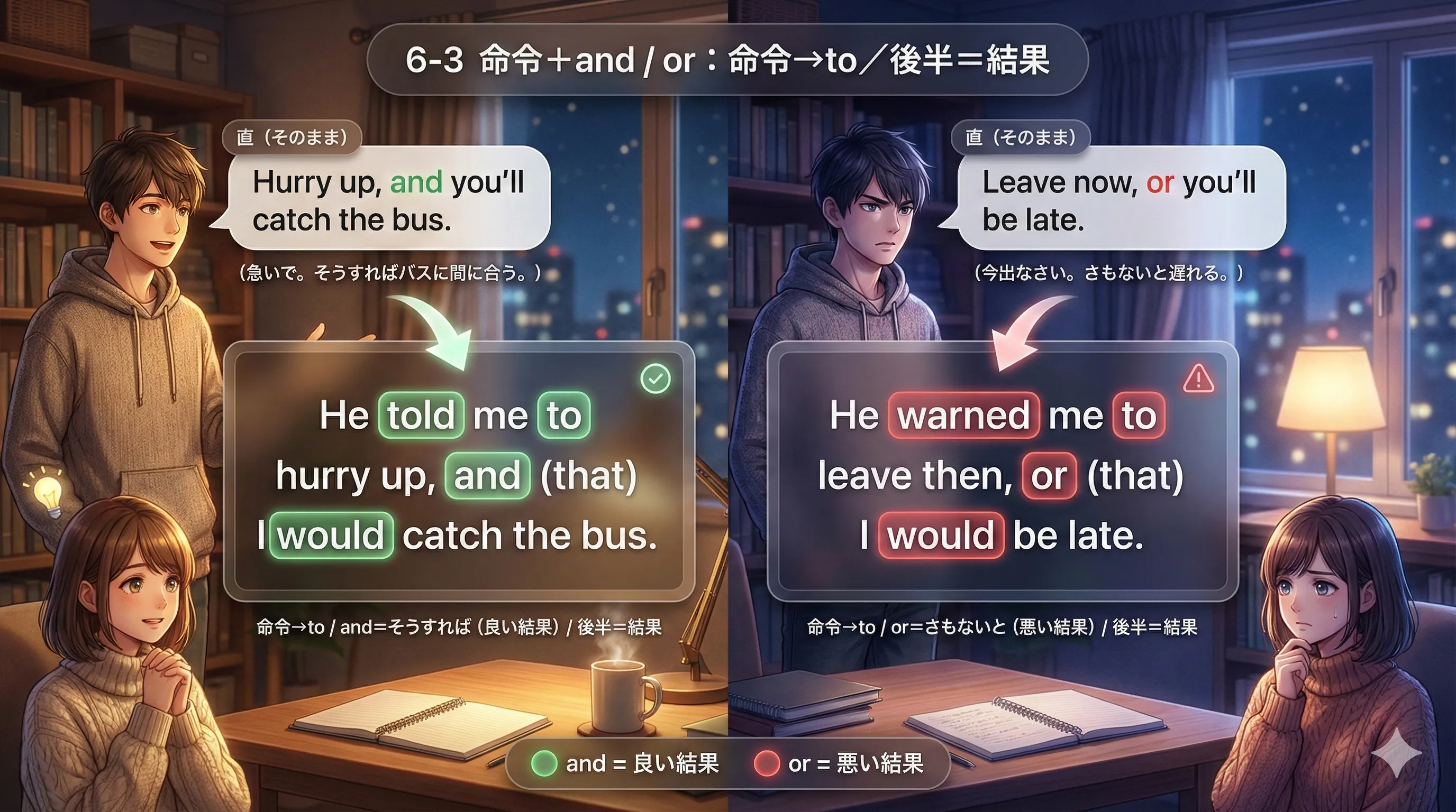 命令文は to不定詞にして、and/or の後半は結果として間接話法に整えるイメージ図