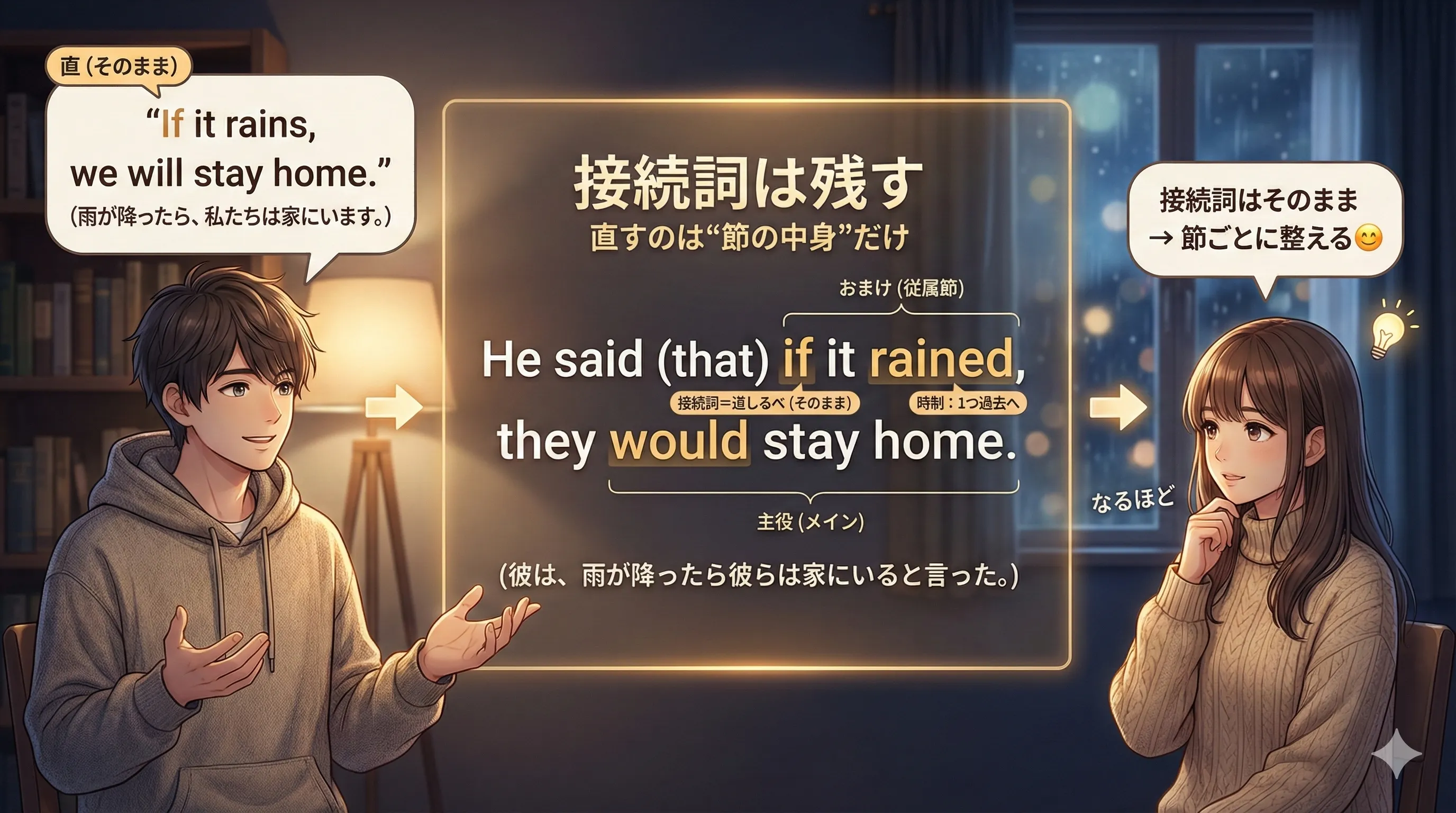 複文の間接話法：because/if/when などの接続詞は残し、各節の時制・代名詞・時間/場所語を報告の目線に整えるイメージ図