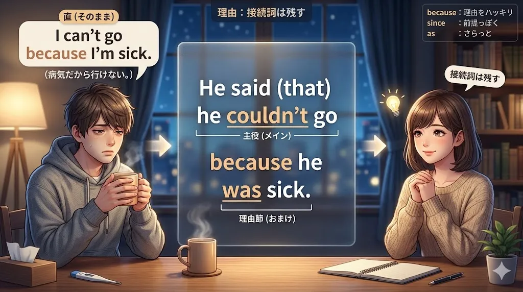 because/since/as は理由をつなぐ接続詞なので残し、節の中身だけを間接話法に合わせて整えるイメージ図