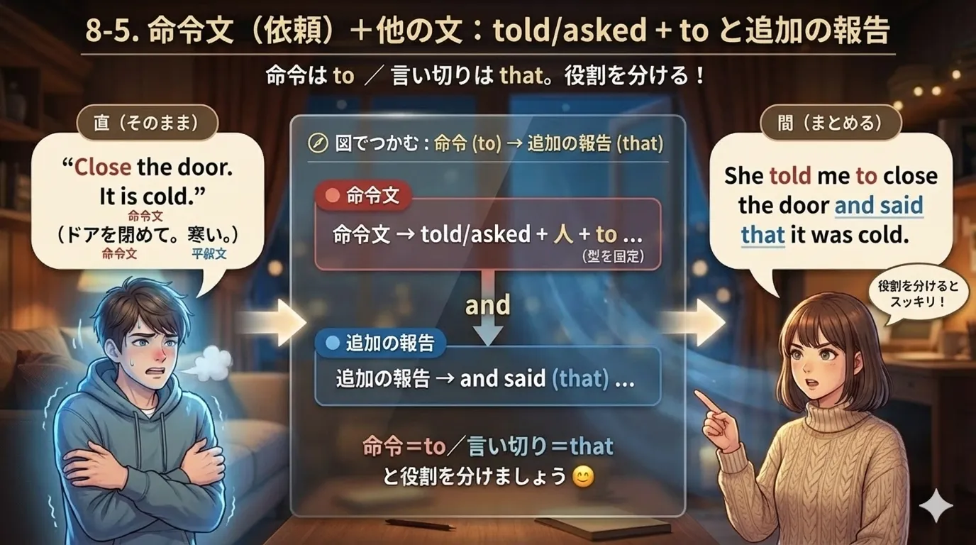命令文は told/asked + to で受け、追加の説明は said that でつなぐ図