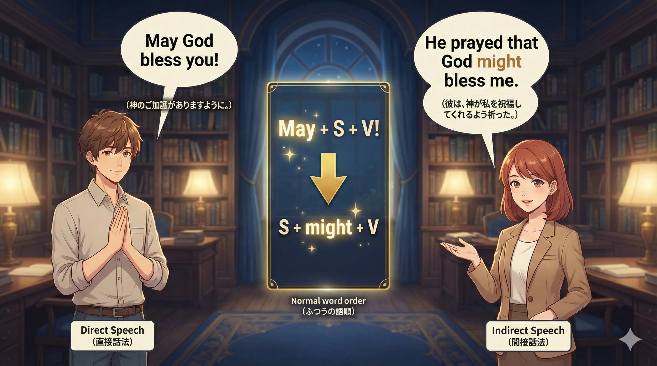 祈願文（May + S + V!）を、that節を使った間接話法（S + might + V）へ転換する流れを示す図