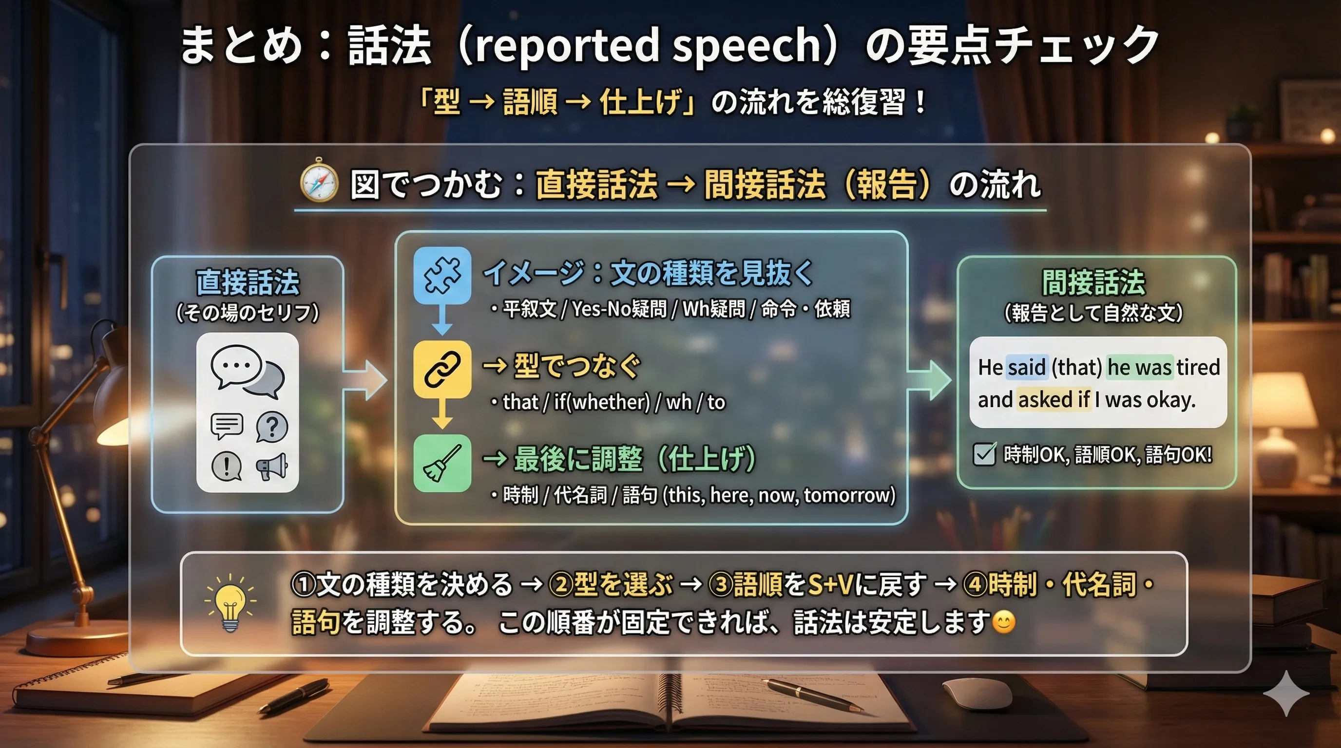 話法（reported speech）の学習ゴール：直接話法から間接話法へ変換する流れを示す図