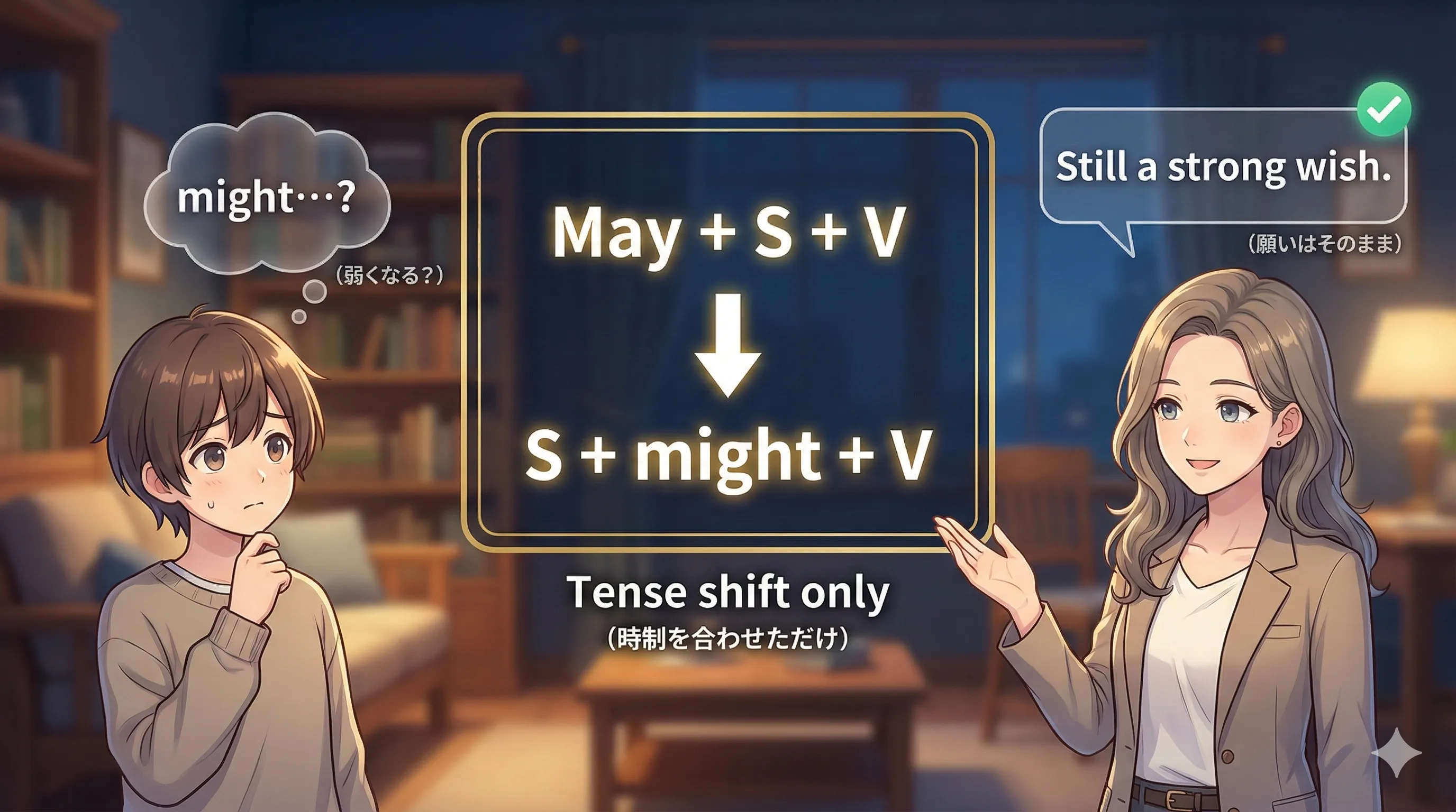 祈願文の may が間接話法で might になるのは時制の一致（過去に合わせる）という図
