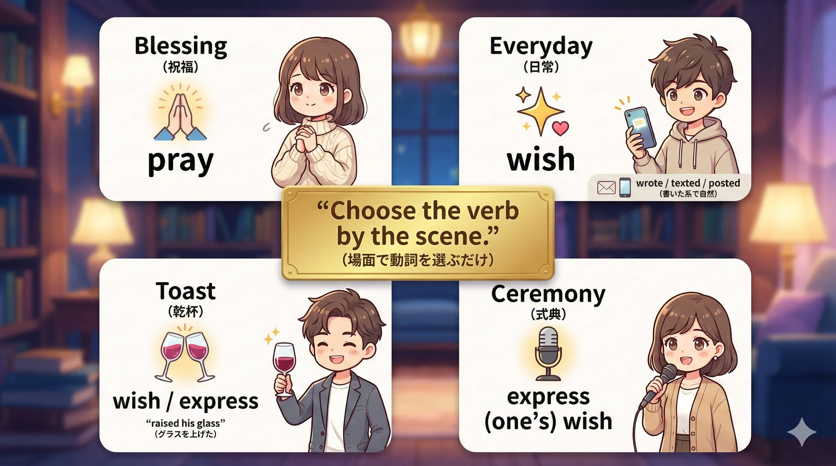 祝福・乾杯・式典・メッセージなど場面で pray / wish / express を選んで自然化する図