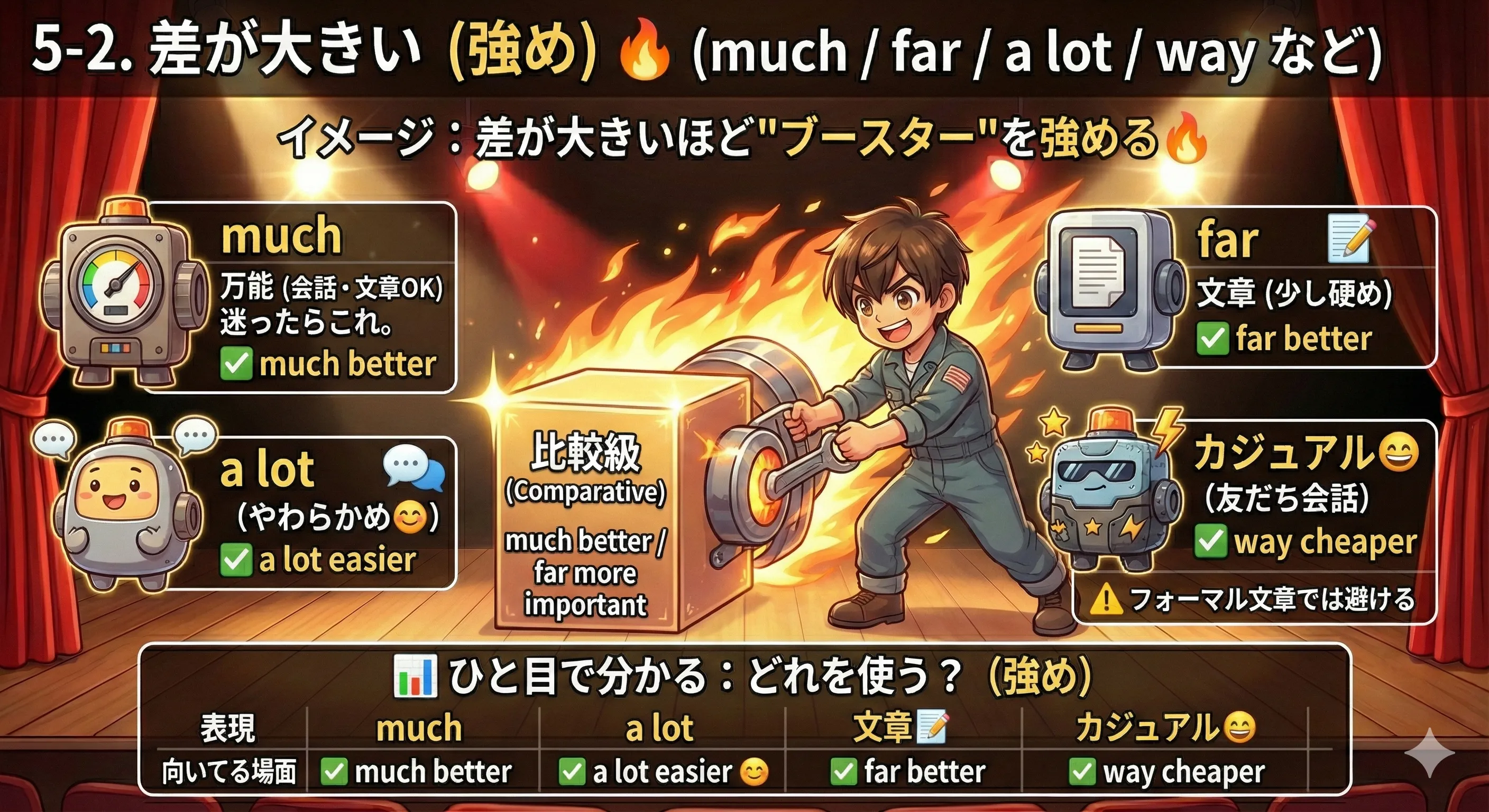 比較級の強調（強め）：much / a lot / far / way を場面と強さで整理した図