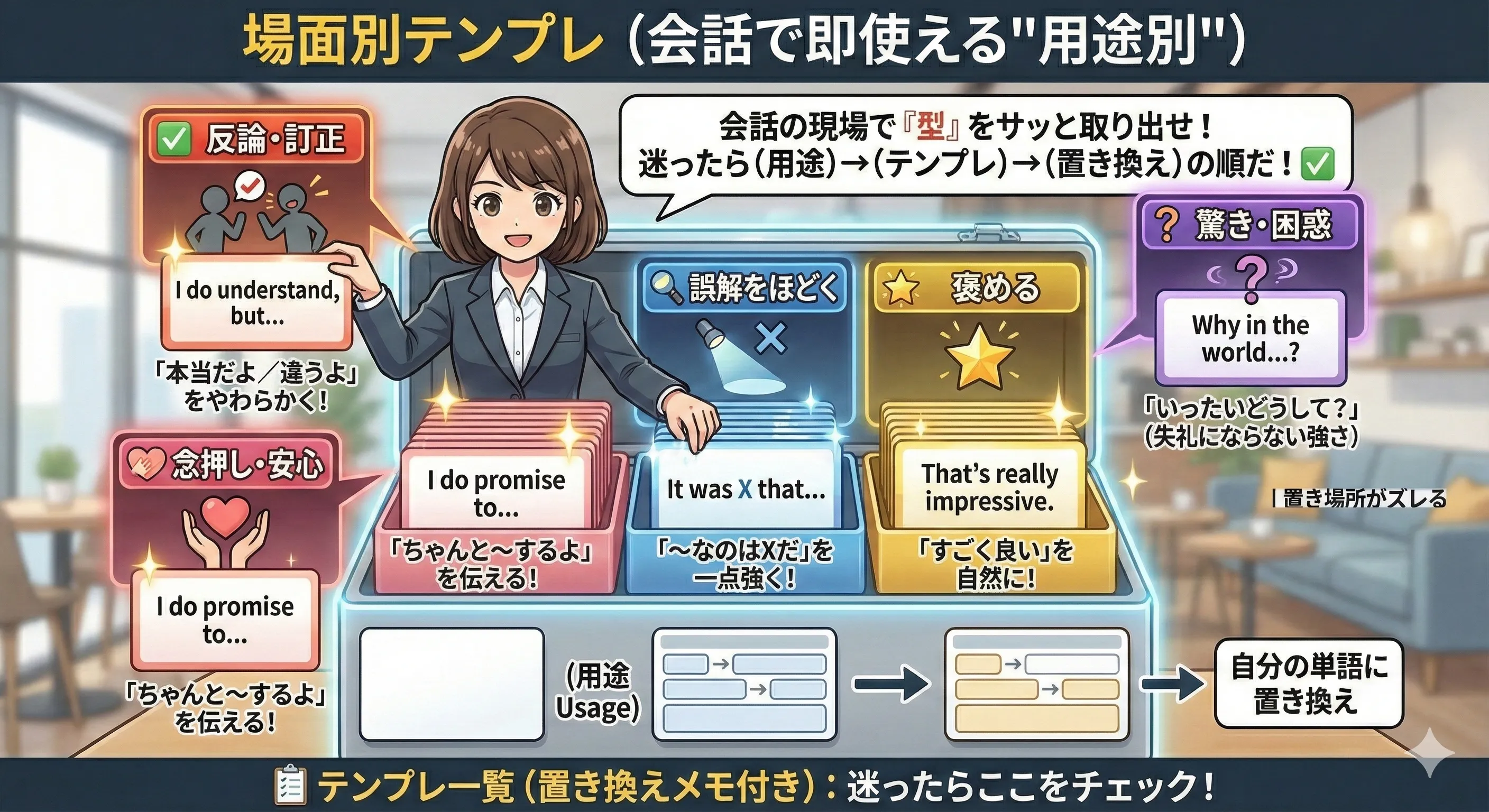 会話で使える強調テンプレを用途別にまとめたイラスト（反論・訂正／安心／誤解修正／褒める／驚き）