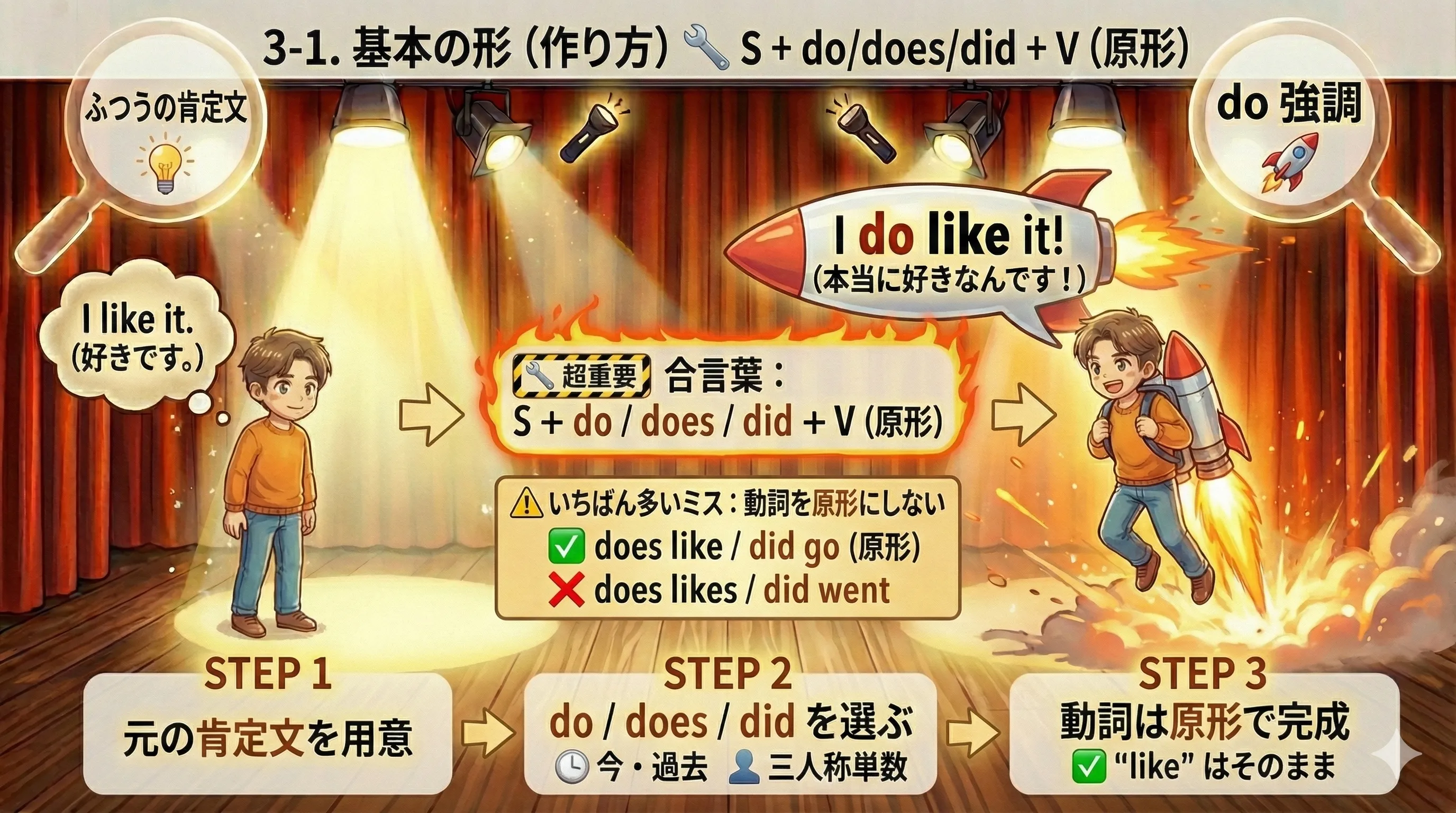 do強調の作り方：I like it. に do/does/did を足し、動詞は原形のまま（I do like it. / He does know / They did finish）