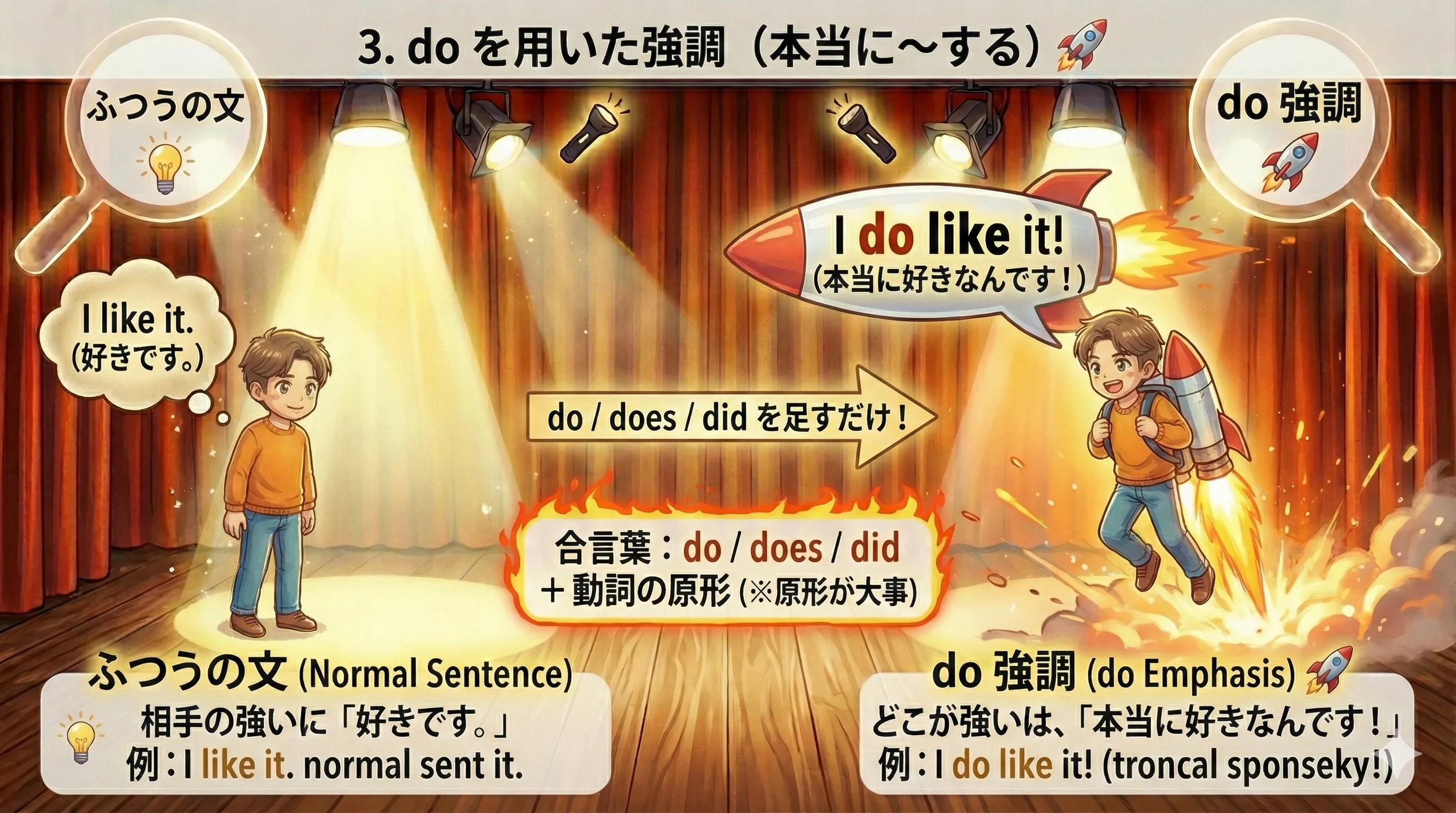 do を用いた強調の全体像：I like it. と I do like it. の違い（事実・念押しを強くする）