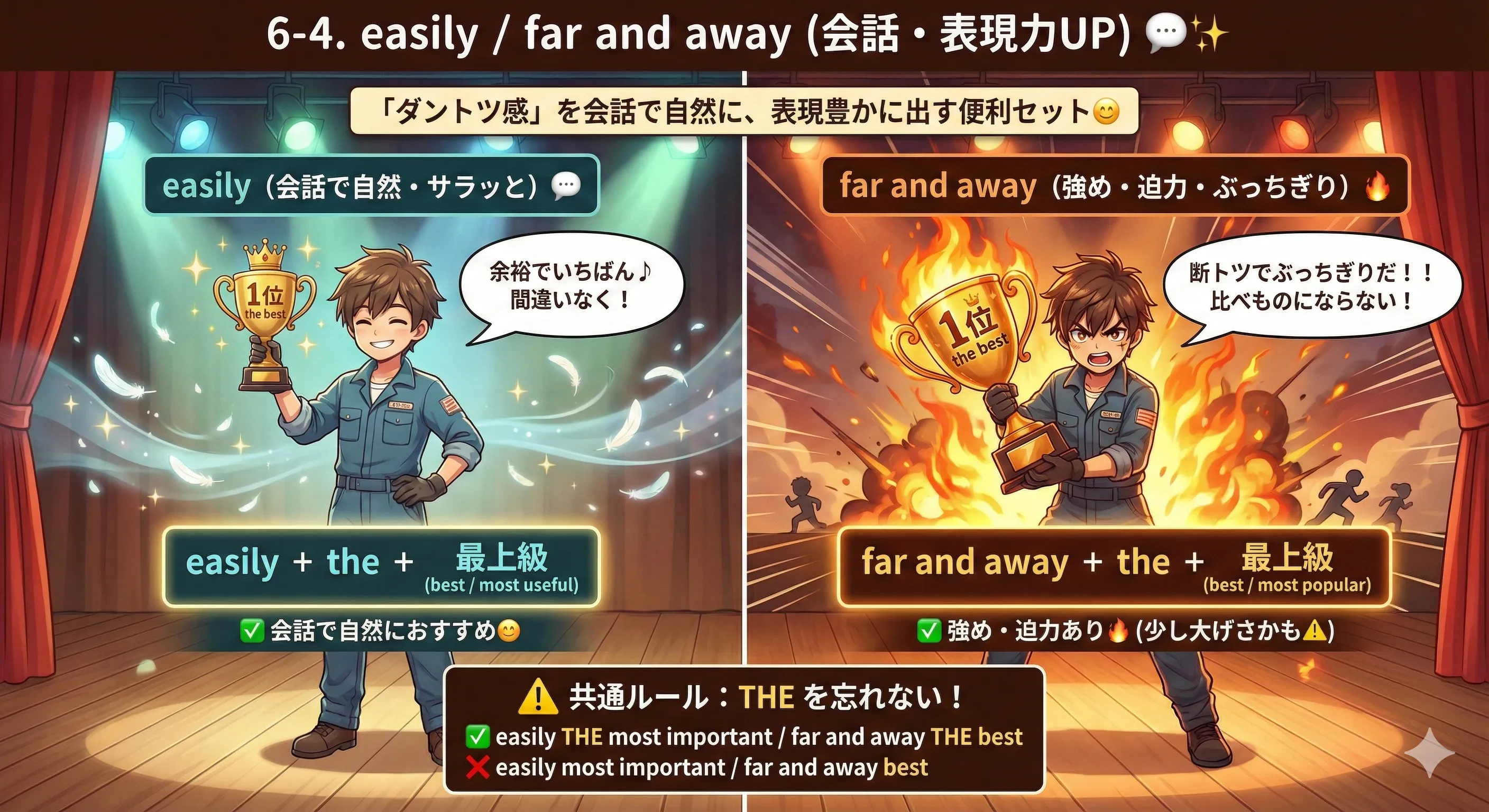 easily は会話で自然な断言、far and away は強めの断言。最上級（the best / the most）に付けてダントツ感を出す強調メーター図