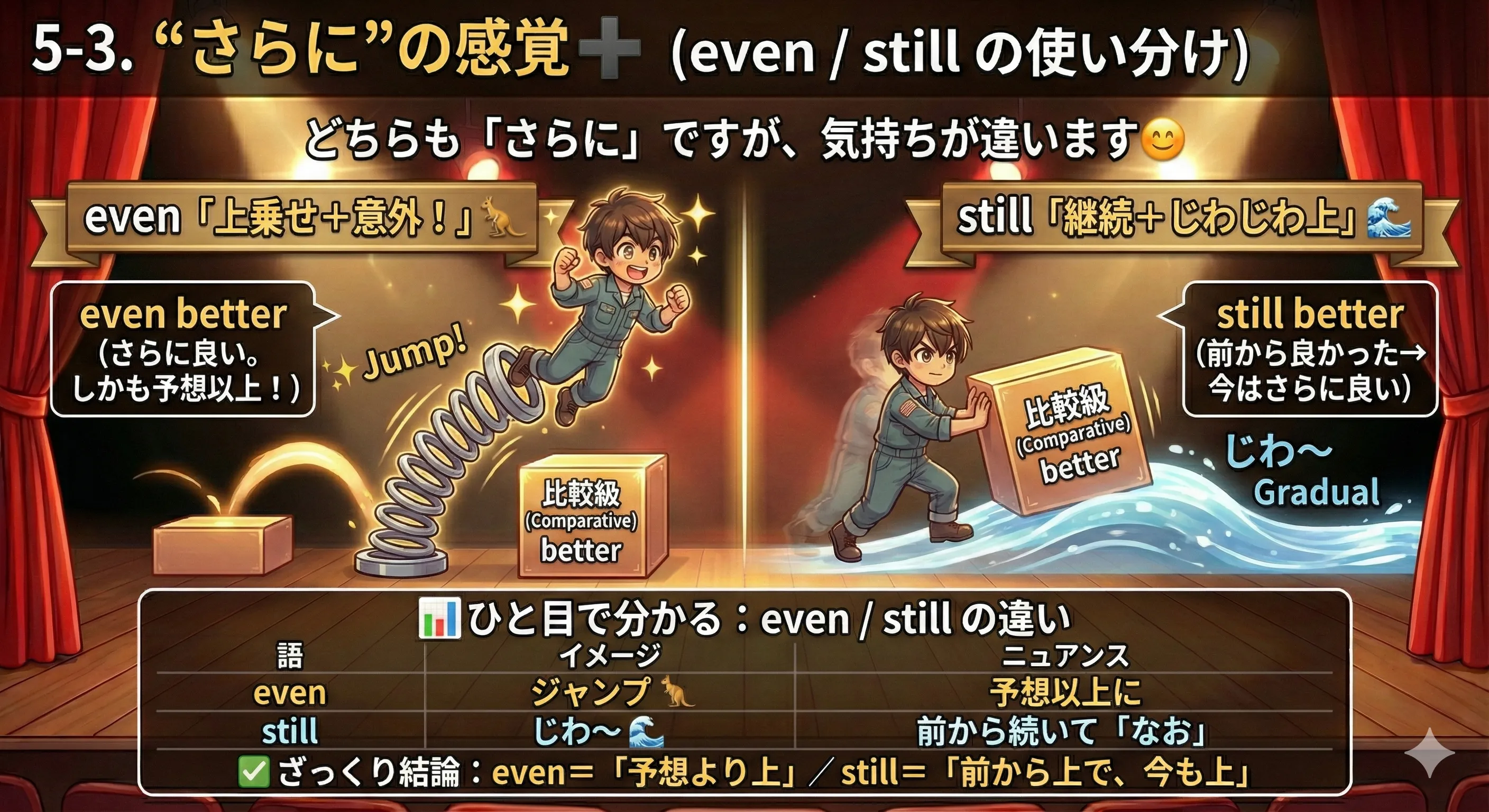 even と still の違い：even は上乗せ・意外、still は継続してさらに、を図で整理