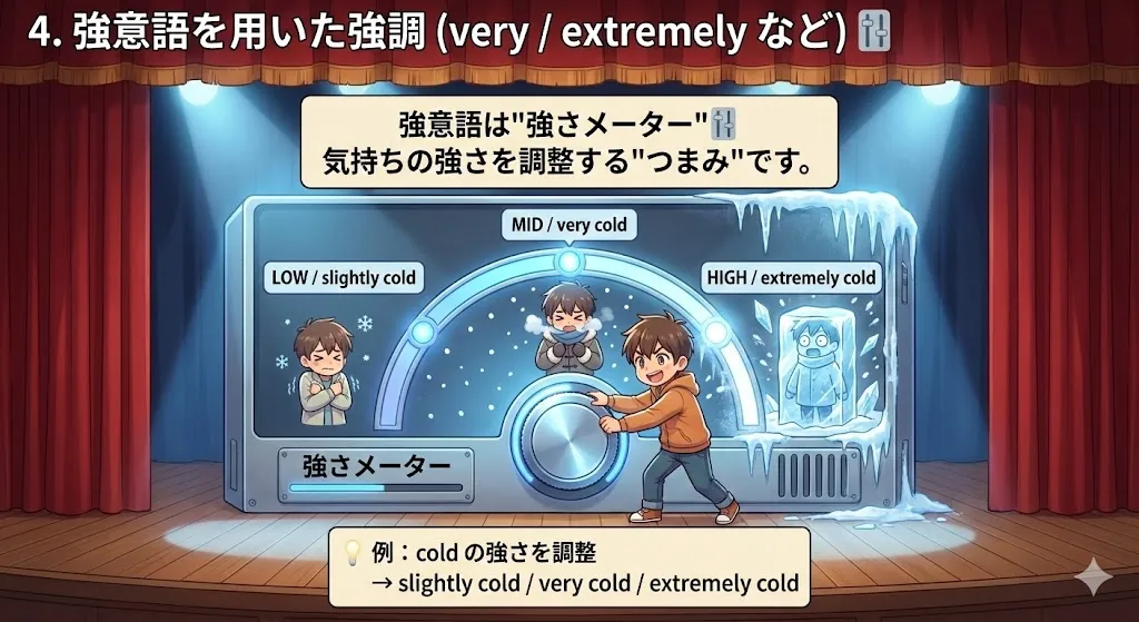 強意語（very / extremely など）で強さを上げ下げするイメージ図（弱い→強い→MAX）