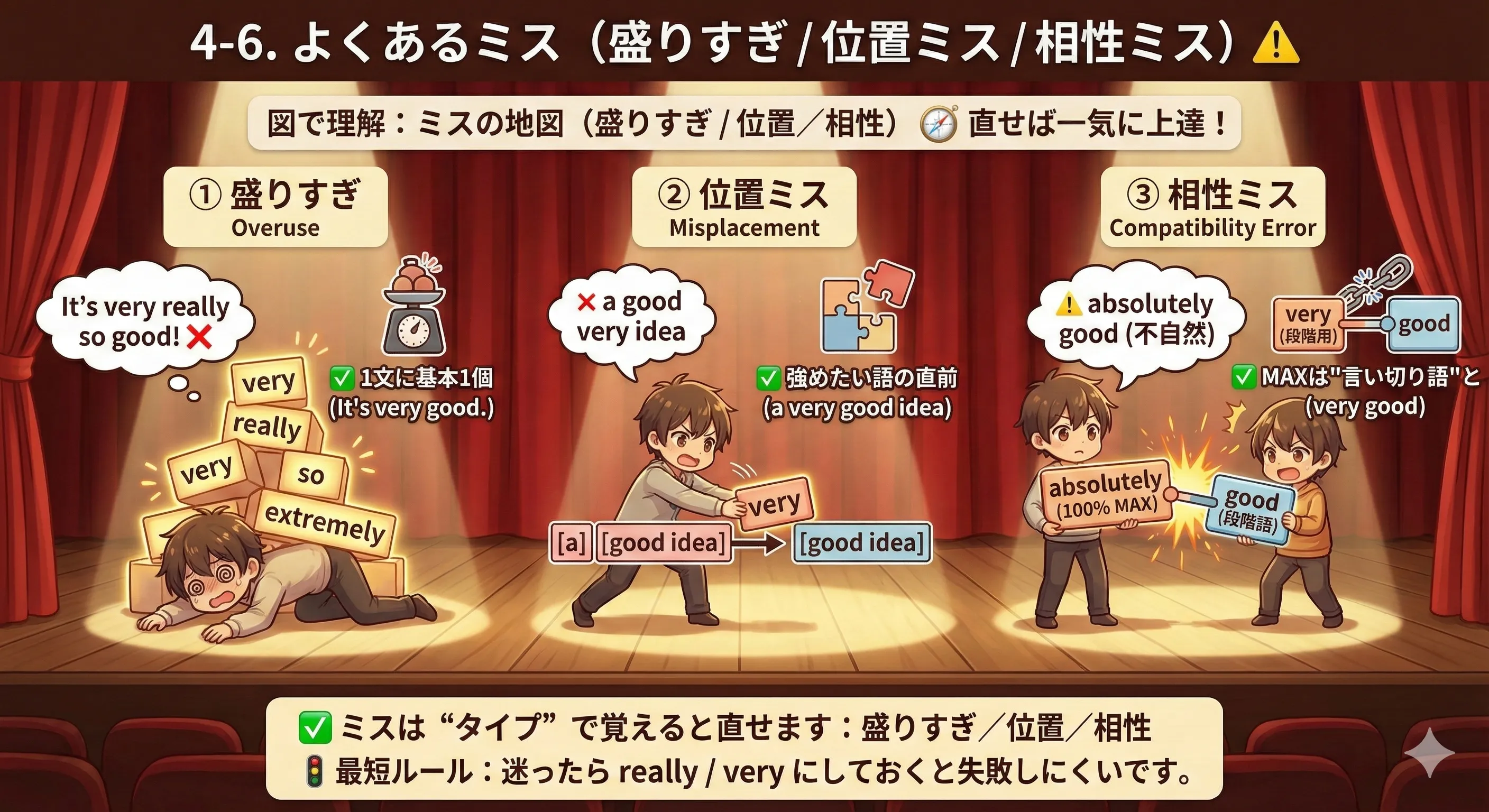 強意語のよくあるミス：盛りすぎ（強意語の重ねすぎ）位置ミス（名詞句の語順）相性ミス（absolutely＋段階語）