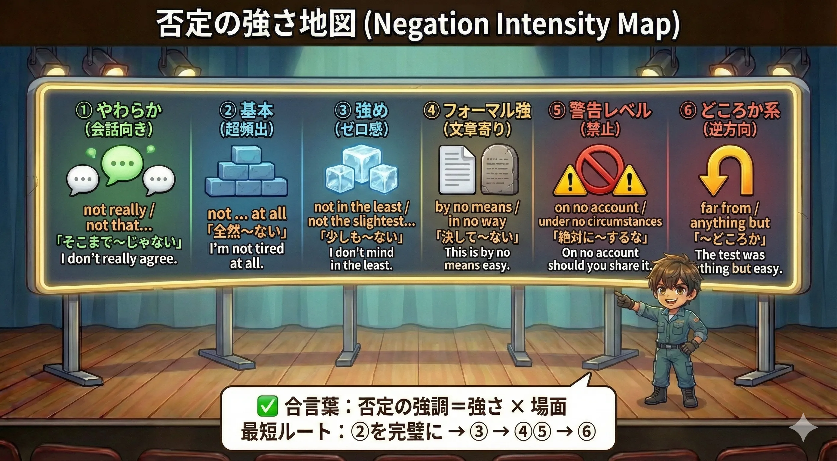 否定の強さ早見表：not ... at all（基本）→ not in the least（強め）→ by no means（フォーマル）→ on no account（強い禁止）→ far from / anything but（〜どころか）