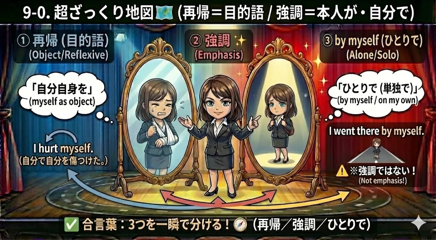 再帰代名詞の超ざっくり地図：1)再帰（目的語）I hurt myself＝自分を傷つけた 2)強調（自分で）I fixed it myself＝自分で直した 3)by myself＝ひとりで。矢印と色分けで混同を防ぐ図