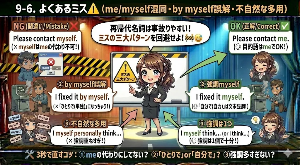 再帰代名詞のよくあるミス：1) me を myself に置き換える誤用（Please contact myself ×）2) by myself（ひとりで）と myself（自分で）の混同 3) 不自然な多用（強調しすぎ）。OK例への修正矢印付き