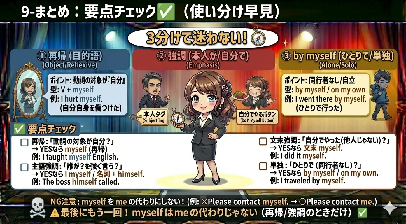 Section9まとめ図：1)再帰（目的語）I hurt myself 2)強調（本人が/自分で）I myself saw it / I fixed it myself 3)単独（ひとりで）by myself / on my own。矢印と色分けで使い分け早見